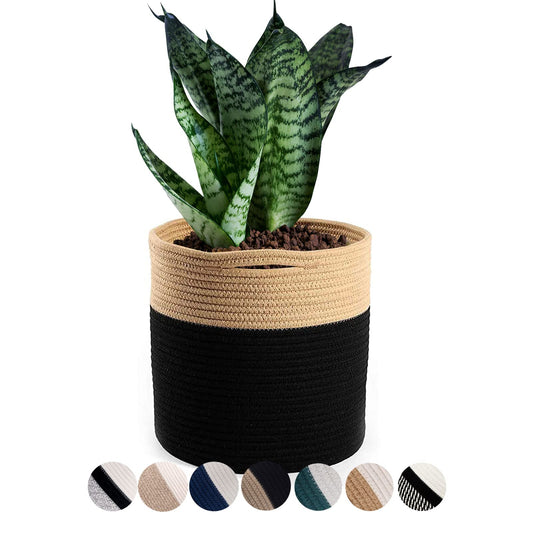 Oradrem Woven Cotton Rope Plant Basket for 10.5" Flower Pot Floor Indoor Planters Flower Pot, Home Decor Storage Organizer H11 x W11 Black&Brown