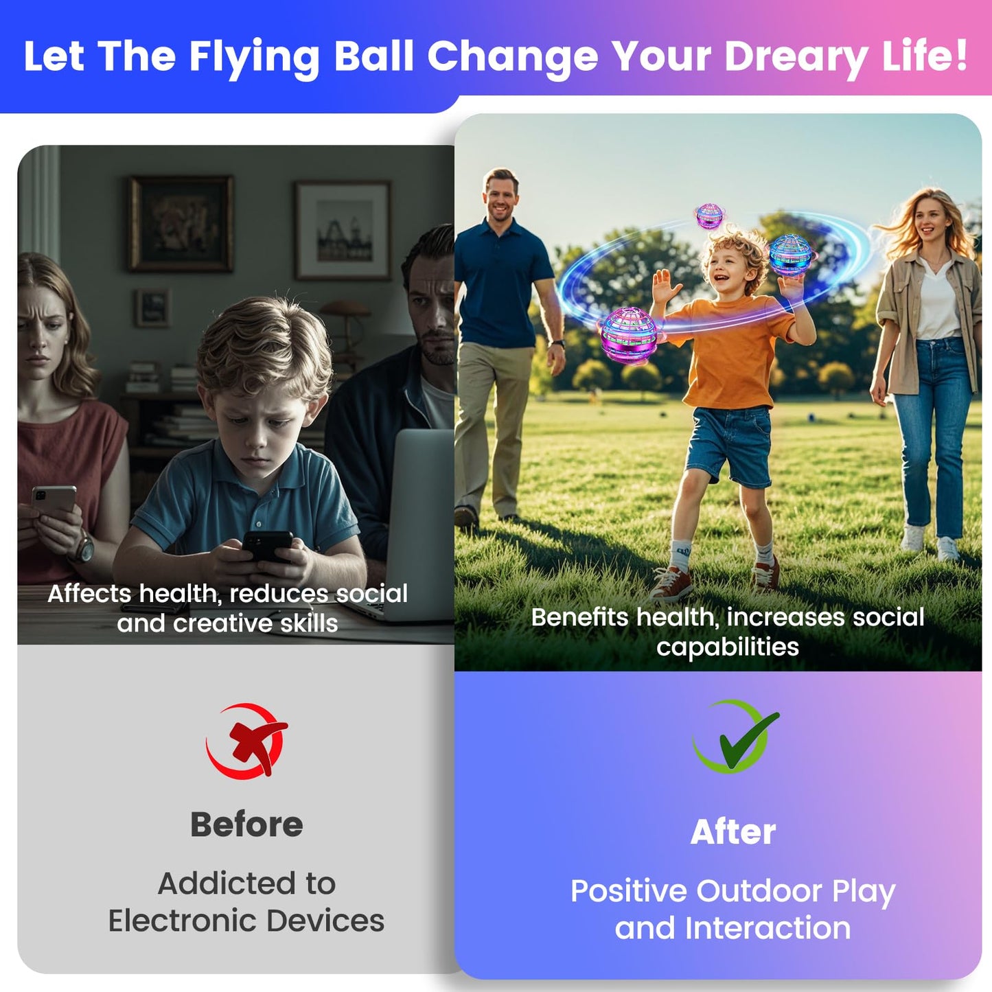 NWLAEWR Flying Orb Ball Toy, Hand Controlled Hover Ball with LED Lights, 360° Rotating Boomerang Globe, Mini Drone Spinner for Kids, Ideal Birthday & Festival Gift for Boys Girls, 2 Pack - Blue&Purple