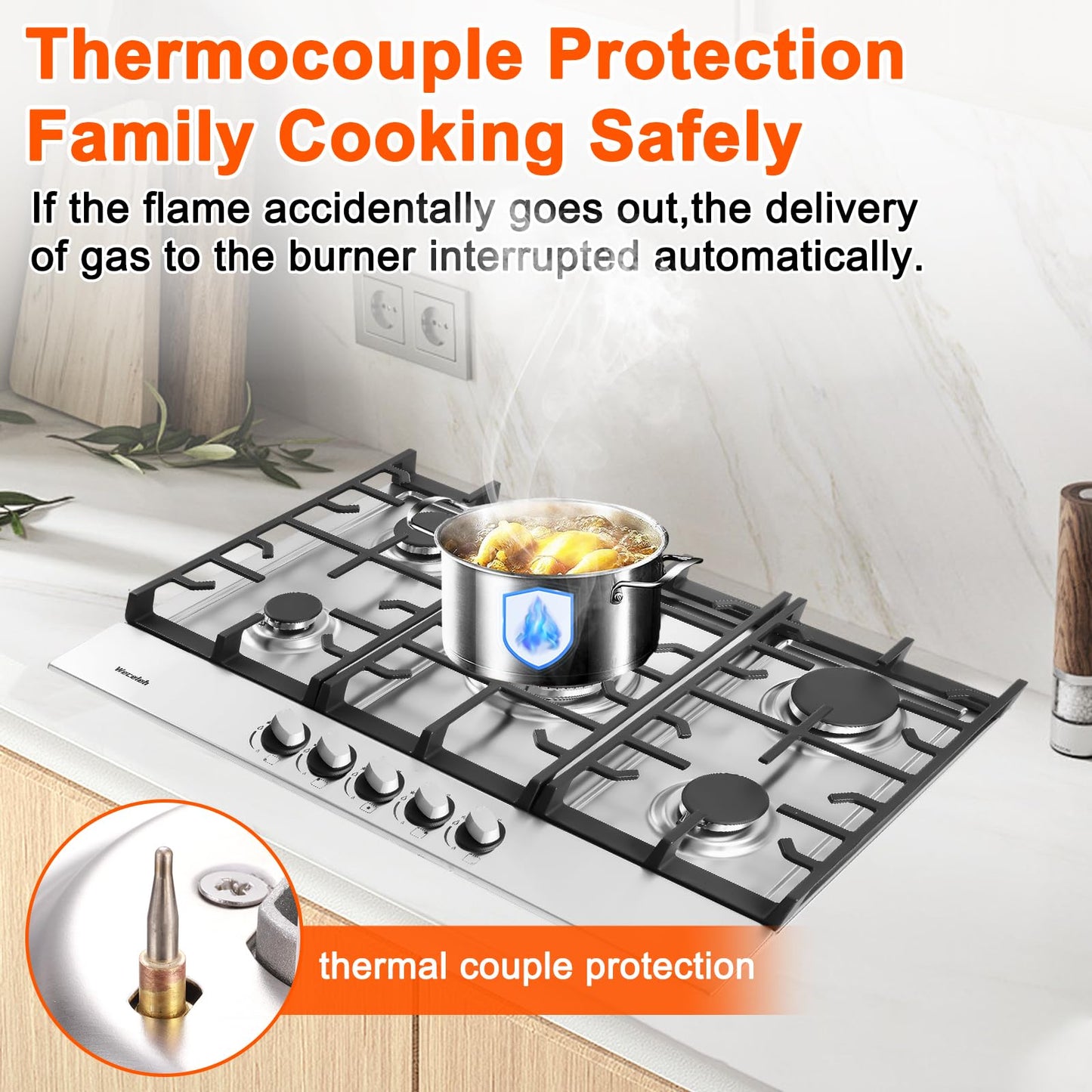 30 Inch Built in Gas Cooktop, 5 Sealed Burners Gas Stove Top, NG/LPG Convertible Propane Cooktop, Auto Ignition, Stainless Steel Surface, Cast Iron Grates, Thermocouple Protection, ETL