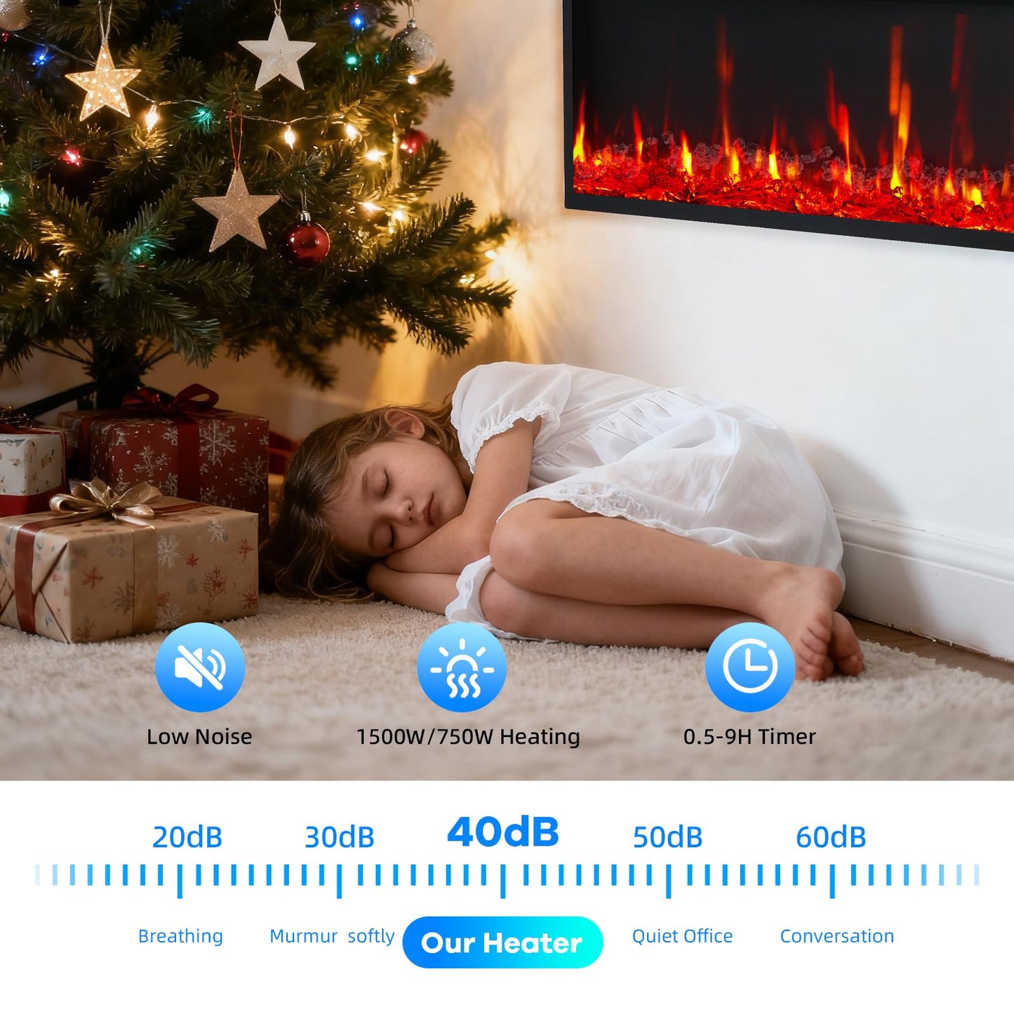 Garvee 50 in Electric Fireplace Inserts, 750/1500W Recessed and Wall Mounted Fireplace Heater with Remote Control, Adjustable Flame Color & Brightness, 9H Timer, Log & Crystal, Black