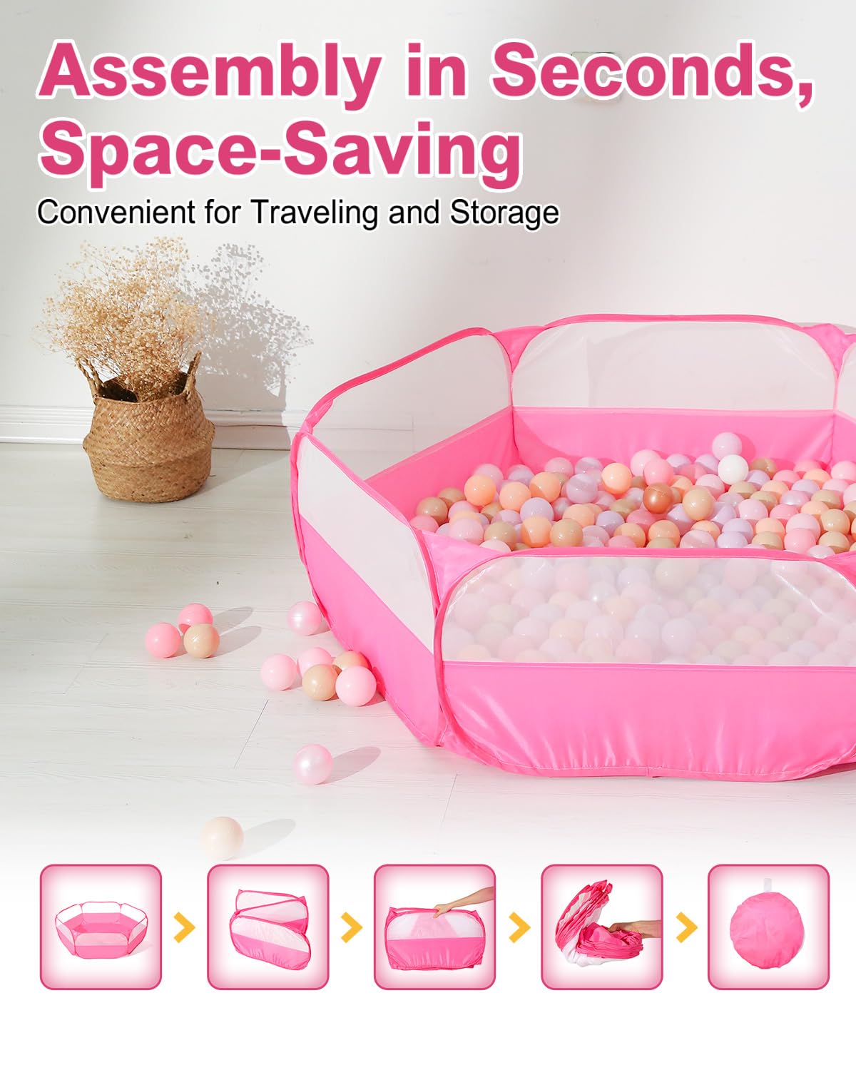 Foldable Ball Pit for Toddlers, Large Pop Up Ball Pits Kids Play Tent Crawl Playpen Ball Pool Playhouse Playpen with Storage Bag, for Boys Girls Dogs Cats Ferrets Indoor Outdoor, Bright Pink