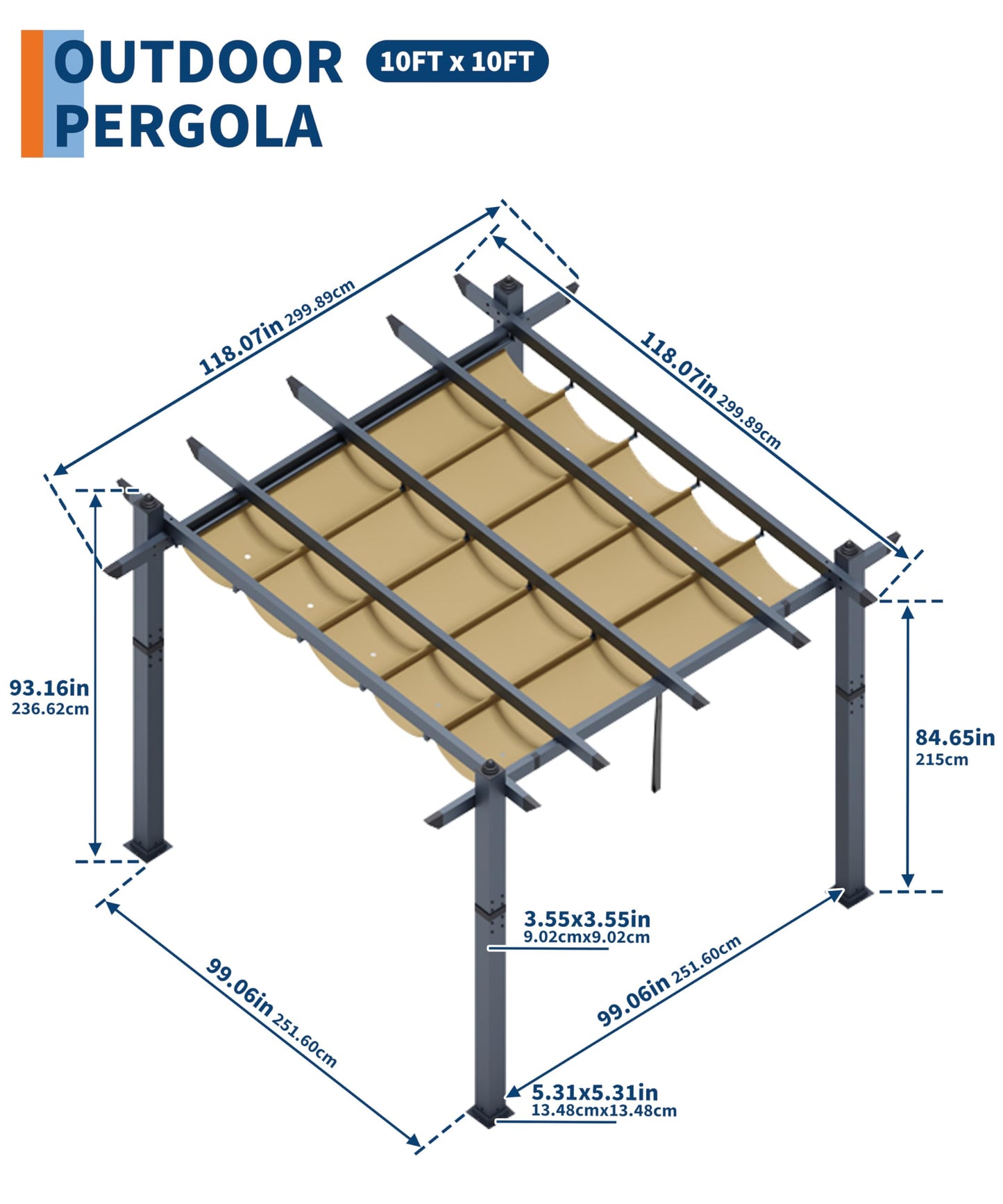 GarveeLife 10x10 ft Aluminum Pergola, Outdoor Metal Pergola with Adjustable Canopy, Reinforced Frame Outdoor Shelter for Backyard, Garden and Deck - Khaki