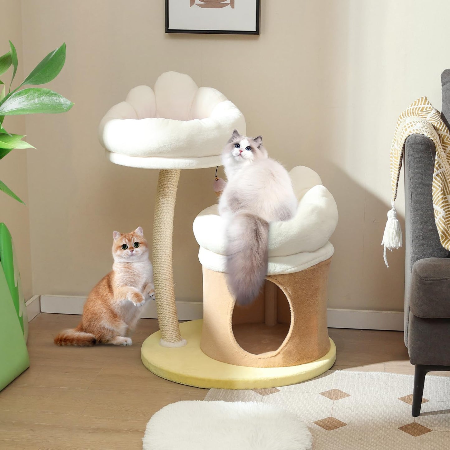 PETSITE 33 Inch Cute Cat Tree, Modern Cat Tower with Sisal Scratching Post, Cat Condo, Interactive Teasing Toy, 2 Removable and Washable Top Perches, Small Cat Tree for Indoor Cats