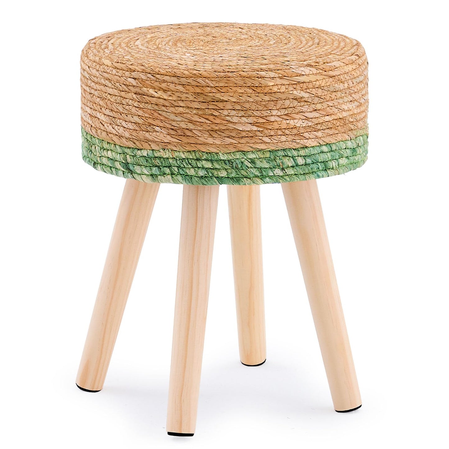 LGENHOOM Handwoven Outdoor Ottoman, Water Hyacinth Pouf Round Patio Footstool with Wood Legs, 17-Inch Multipurpose Vanity Stool, Dining Chair, Patio Footrest for Balcony and Garden, Green