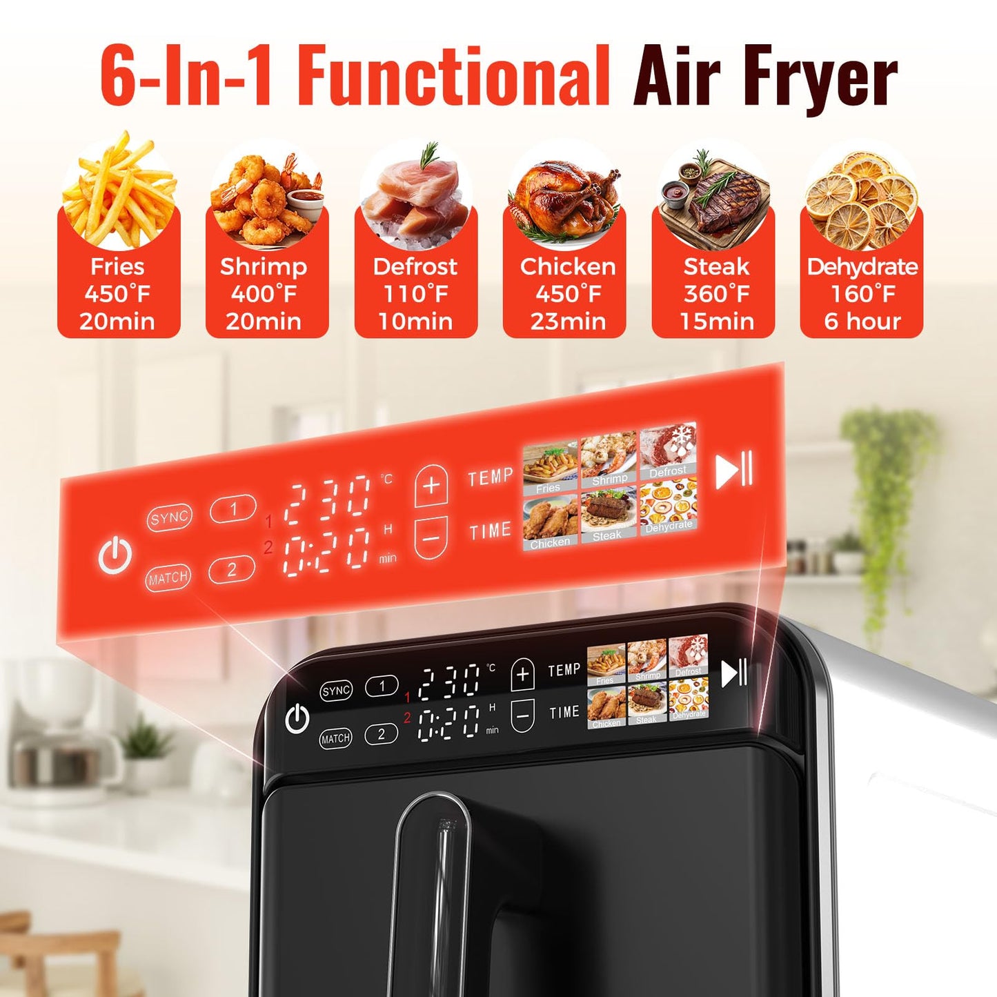 11.6QT Dual Basket Air Fryer Oven, Vertical 2-Basket Design, 6-in-1 Presets Function with Digital Touchscreen, Sync & Match, Easy to Clean, Dishwasher Safe, Family Meals