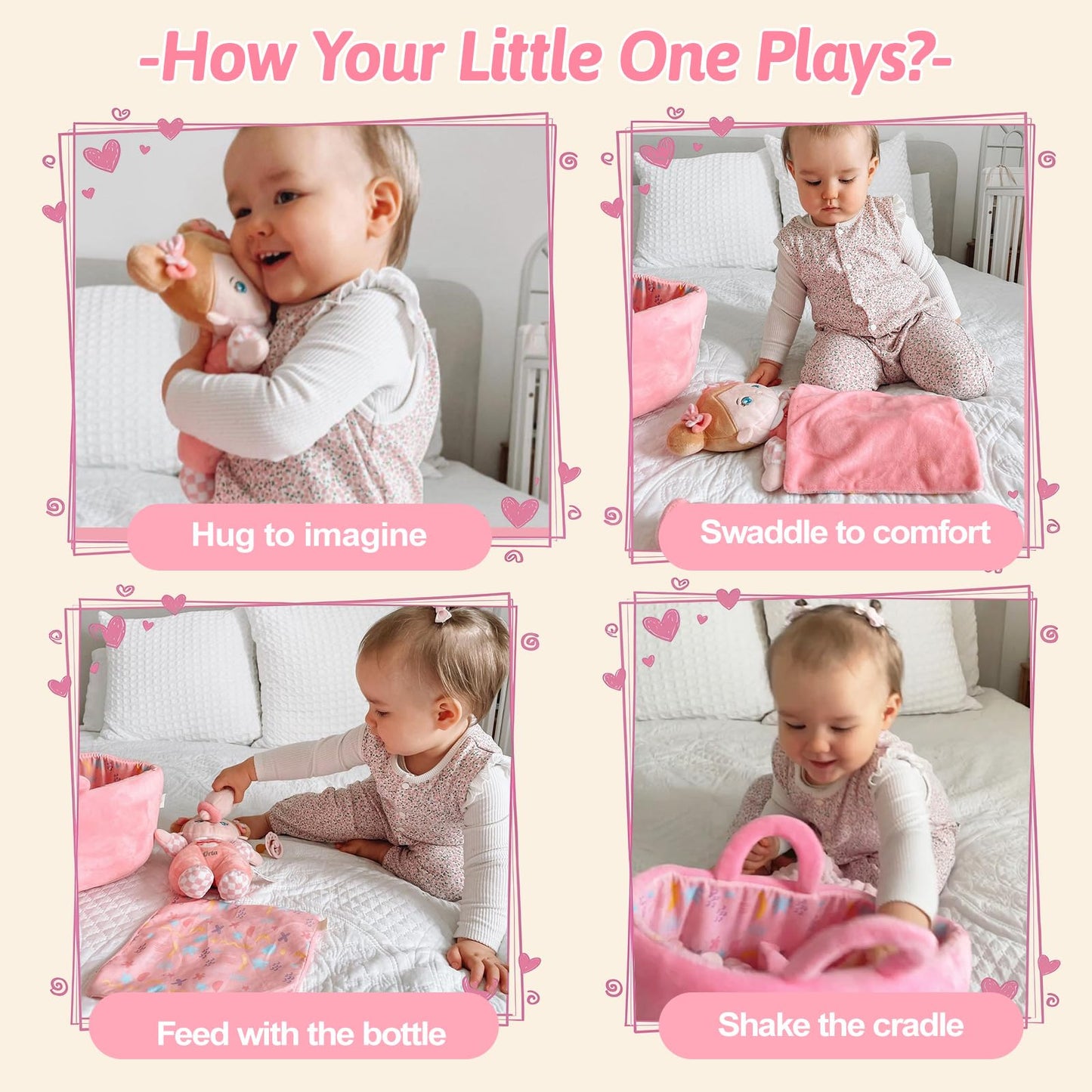 OUOZZZ Baby Doll Accessories with Soft Doll, Bassinet, Blanket and Bottle, Interactive Pretend Playset for Social Emotional Learning, Toy for 2 Year Old Girls