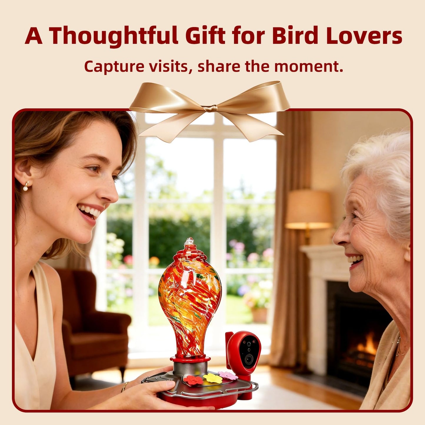 Smart Hummingbird Feeder with Camera, Solar Powered 2K HD Live View Glass Station, AI Bird ID & Motion Alerts, Auto Nectar Monitor, Leakproof Water Moat, Outdoors Hanging Gift (2.4GHz Wi-Fi Only)