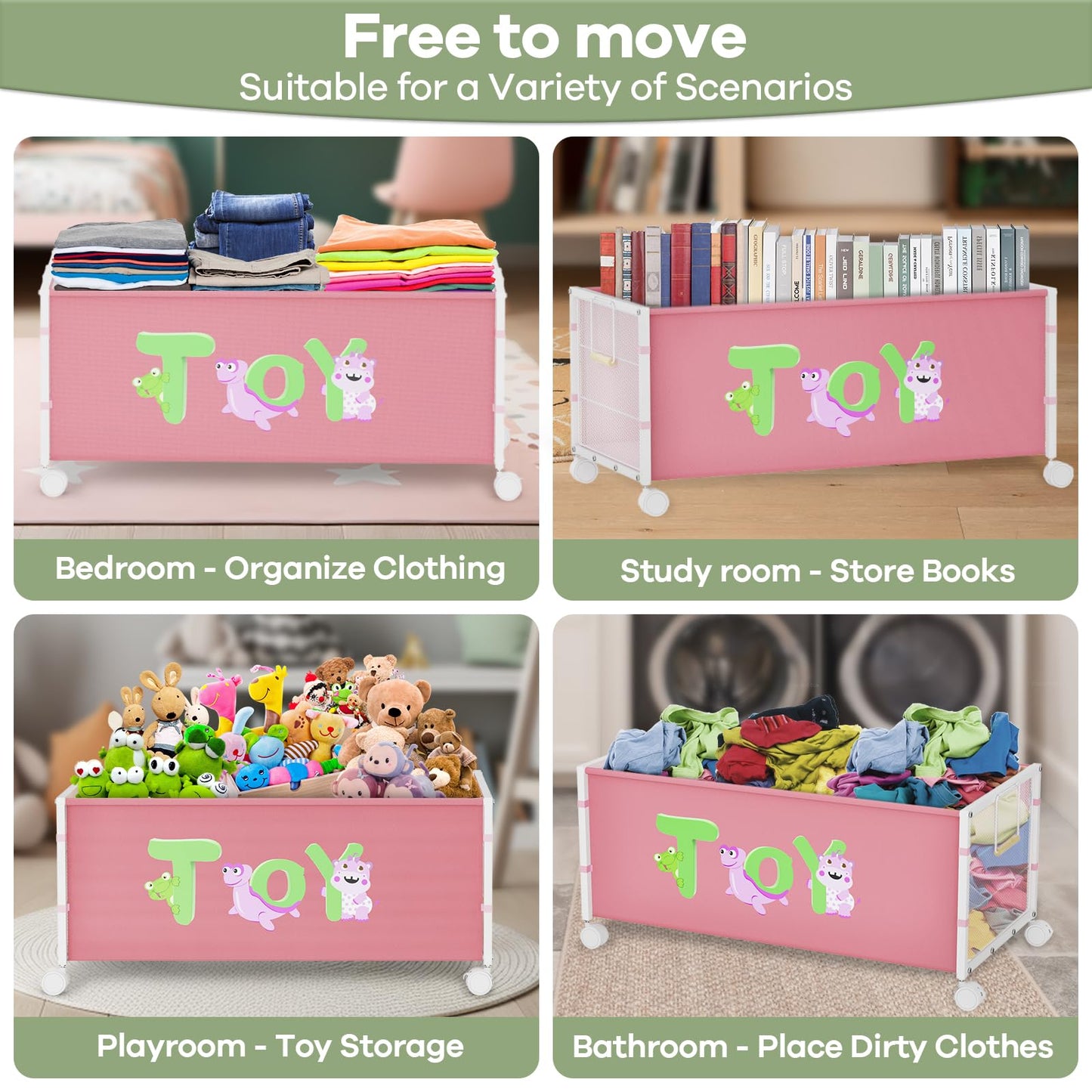 AIJIAMEIER 120L Kids Extra Large Toy Box with Wheels & Handle, 33.1” x 16.5” x 14.6” Big Toy Chest for Boys Girls, Toy Storage Organizer for Living Room Area, Playroom(Pink, 1PC)