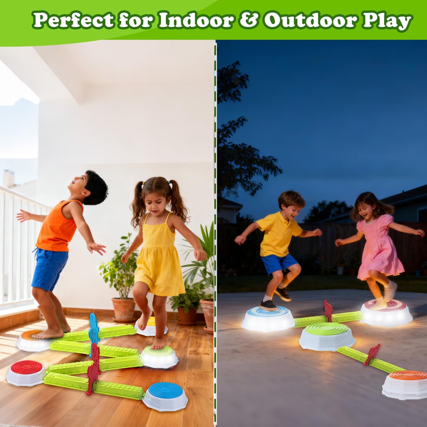 Light Up Stepping Stones for Kids, 15 piece Balance Beams Toddler Stepping Stones Obstacle Course Sensory Toys with Game Spinner and Card for Indoor Outdoor Toys Gifts for 3 4 5 6 7 8 9 Years Old Kids