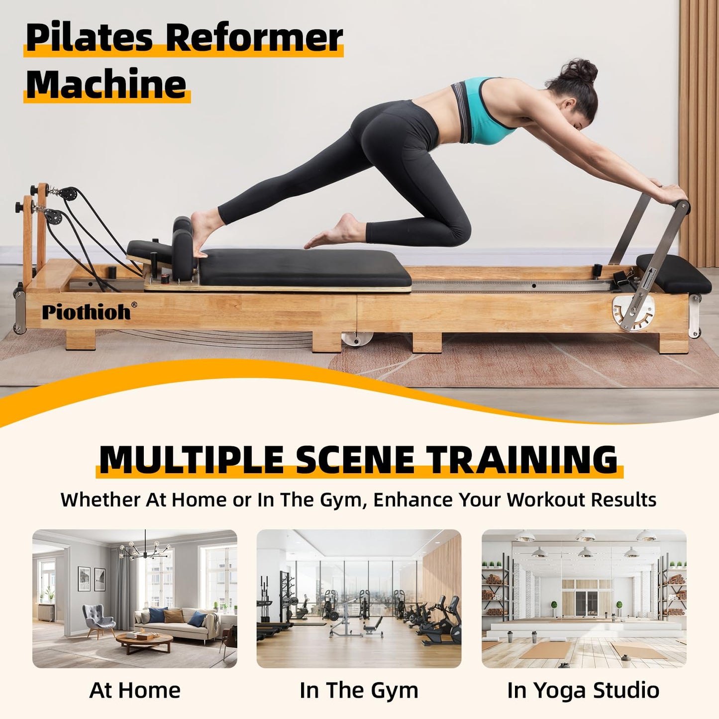 Foldable Wooden Pilates Reformer Machine - Oak Frame Home Studio Equipment with Jump Board, Sitting Box & 12 Adjustable Springs | Professional Grade Full Body Low-Impact Workout, 600 lbs Capacity