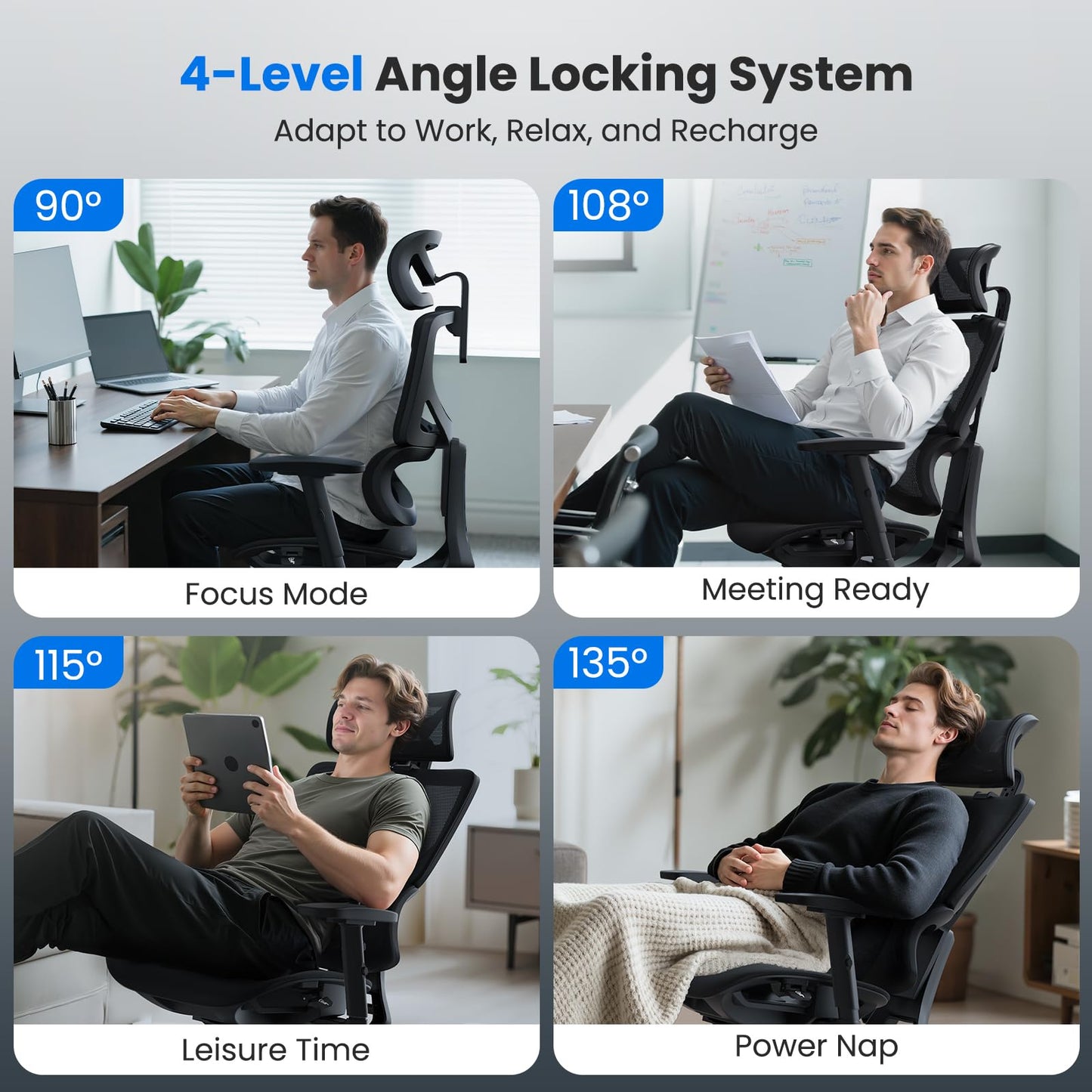 OdinLake L1 Ergo Upgrade 518 Grey Ergonomic Mesh Office Chair – Big & Tall 350lbs, Adjustable Lumbar Support, Seat Depth, Height, Headrest, Armrests, High Back Desk Chair
