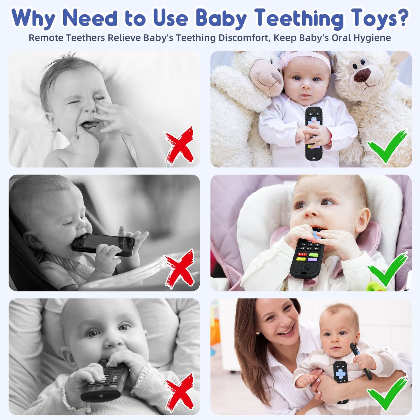 Teething Relief Teethers Toys for Babies 3-6-12 Months Gifts, Food Grade Silicone Sensory Baby Remote Control Teether Bath Toy for Newborn Infant Boy Girl Autism Birthday Christmas Gift, Black