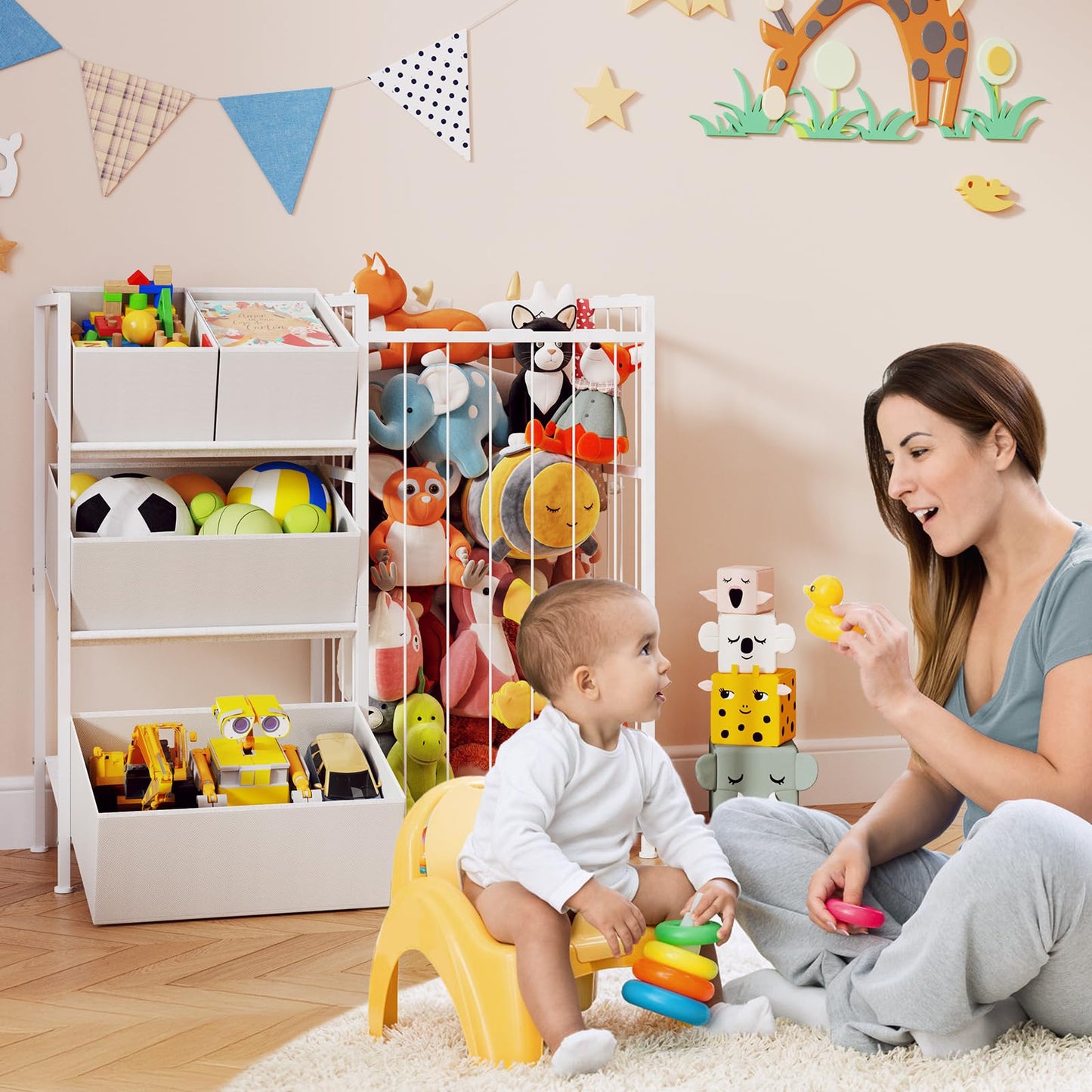 BBLIKE Kids Storage Organizer with 4 Removable Bins, Kids Storage Toy Shelf Organizer for Stuffed Animal Holder for Bedroom Playroom Nursery, White