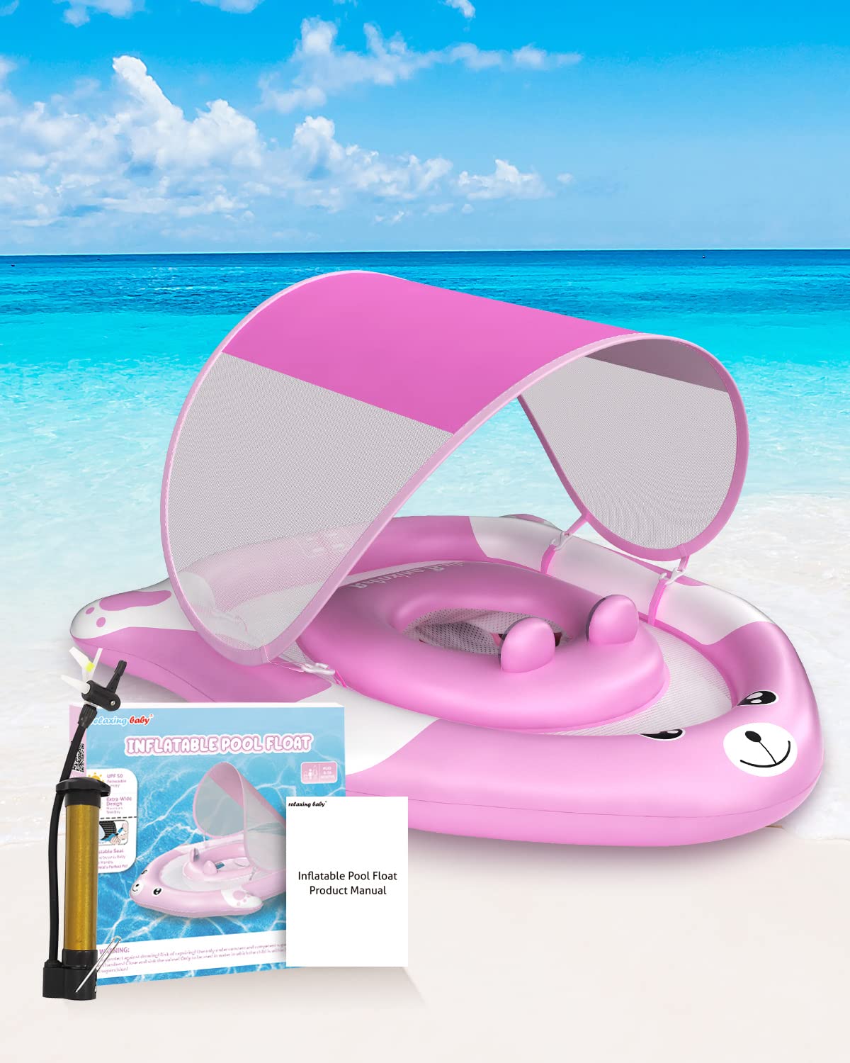 Relaxing Baby - Pool Float with Adjustable Seat Pocket,Baby Swimming Float with Canopy of UPF 50+ UV Protection, Super Safety Bear-Shaped Baby Floats for 6-36 Months,Pink Bear