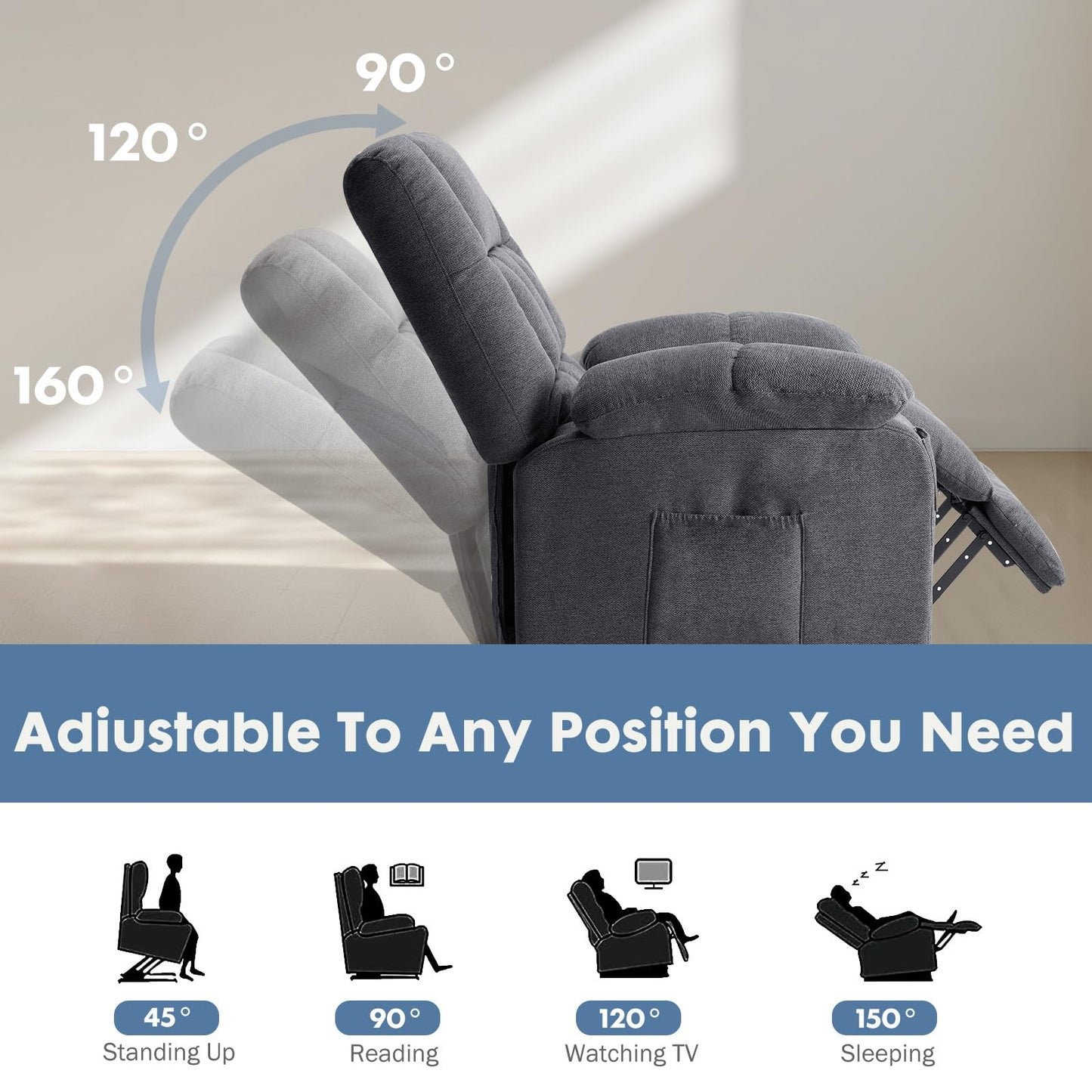 DUMOS Power Lift Recliner Chair with Vibration Massage and Heat for Elderly, Ergonomic Overstuffed Breathable Fabric Reclining Chair with 3 Pockets, Remote Control, Living Room, Bedroom, Grey