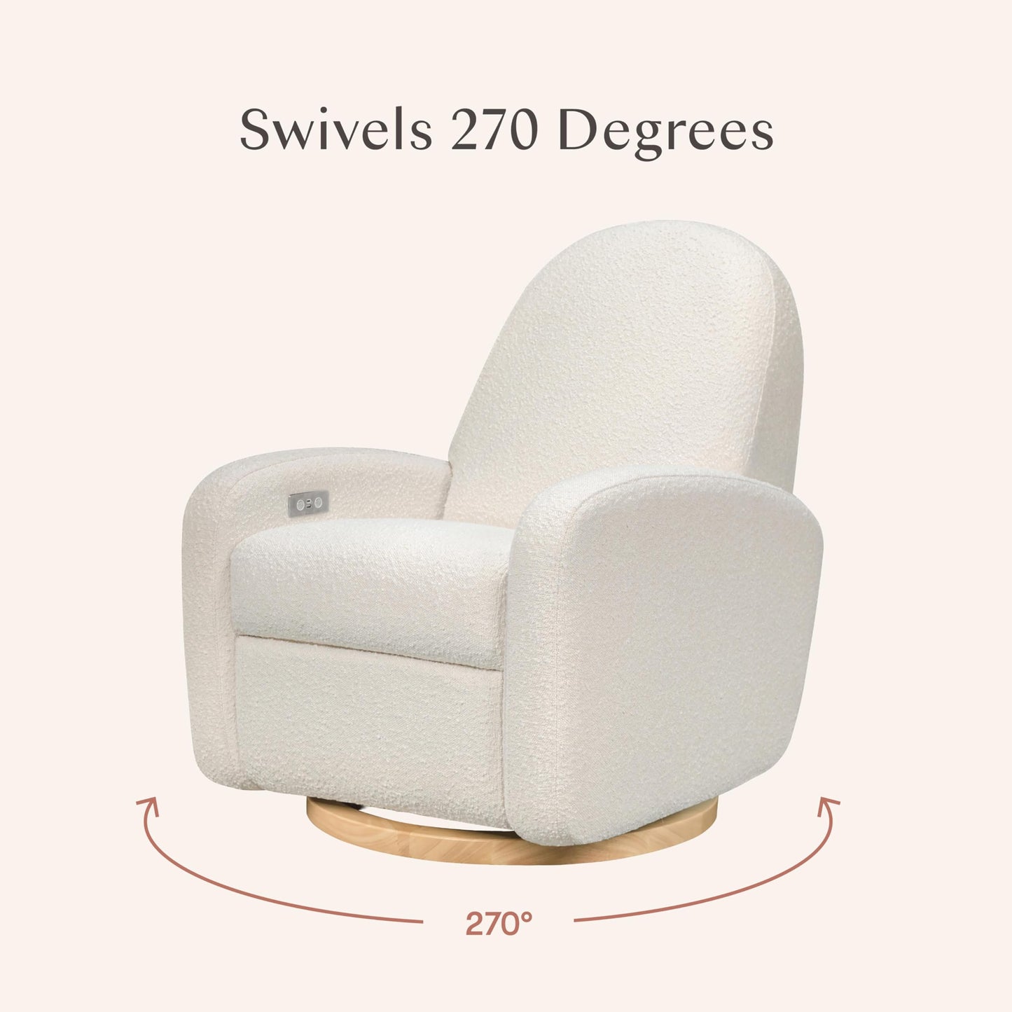 Babyletto Nami Electronic Power Recliner and Swivel Glider with USB Port in Ivory Boucle with Light Wood Base, Greenguard Gold and CertiPUR-US Certified