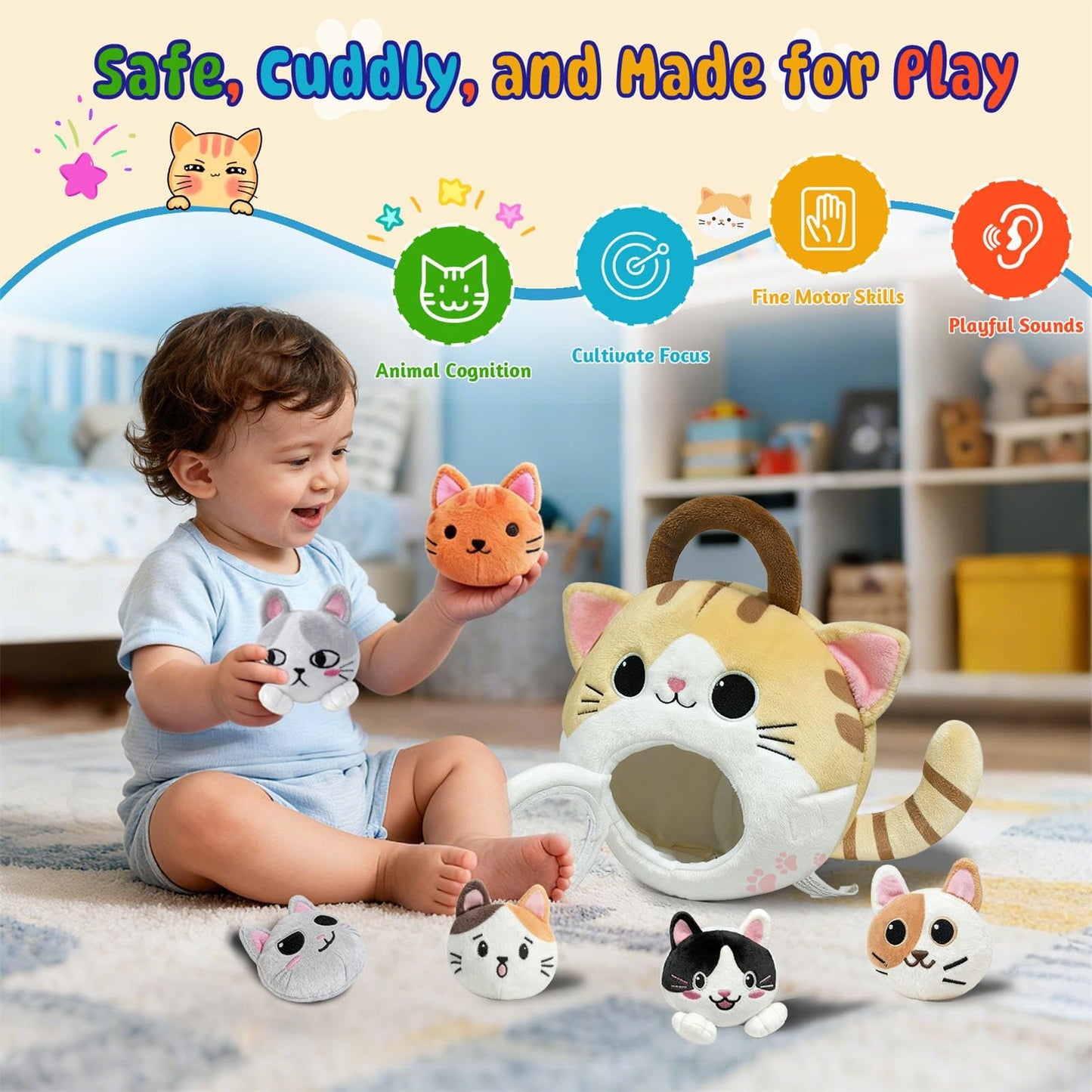 hittaty Cat Stuffed Animal House- Plush Kitten Toy Set with 6 Soft Cats Interactive & Portable Plush House Kitties Carrier Playset for Toddlers & Kids, Sensory Toys Boy Girl Birthday Gift
