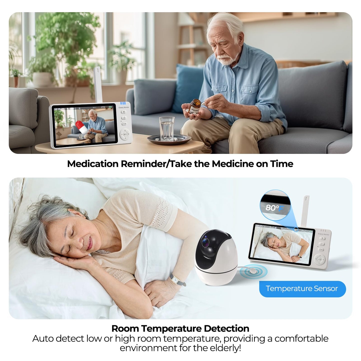 JEMXITG Elderly Monitor with Camera and Audio, Two-Way Talk Baby Monitors for Elderly Care, Call Button, Med Reminder Camera for Elderly Monitoring, for Seniors, Dementia Patients (No WiFi)