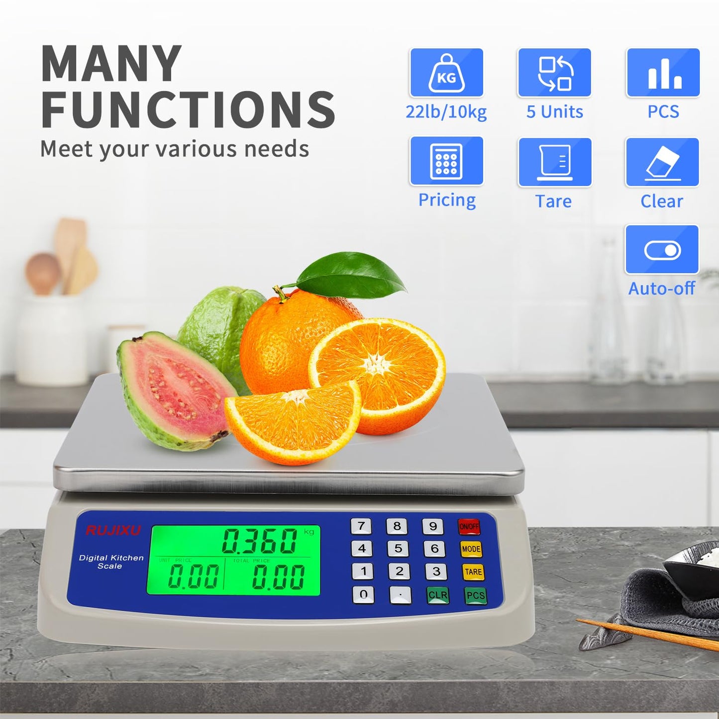 Large Digital Kitchen Scale 22LB Commercial Scale for Food Baking Bread Cooking Meat,Stainless Steel Price Computing Scale with LCD Display,Prep Counting Scale for Parts and Coins,Adapter Included