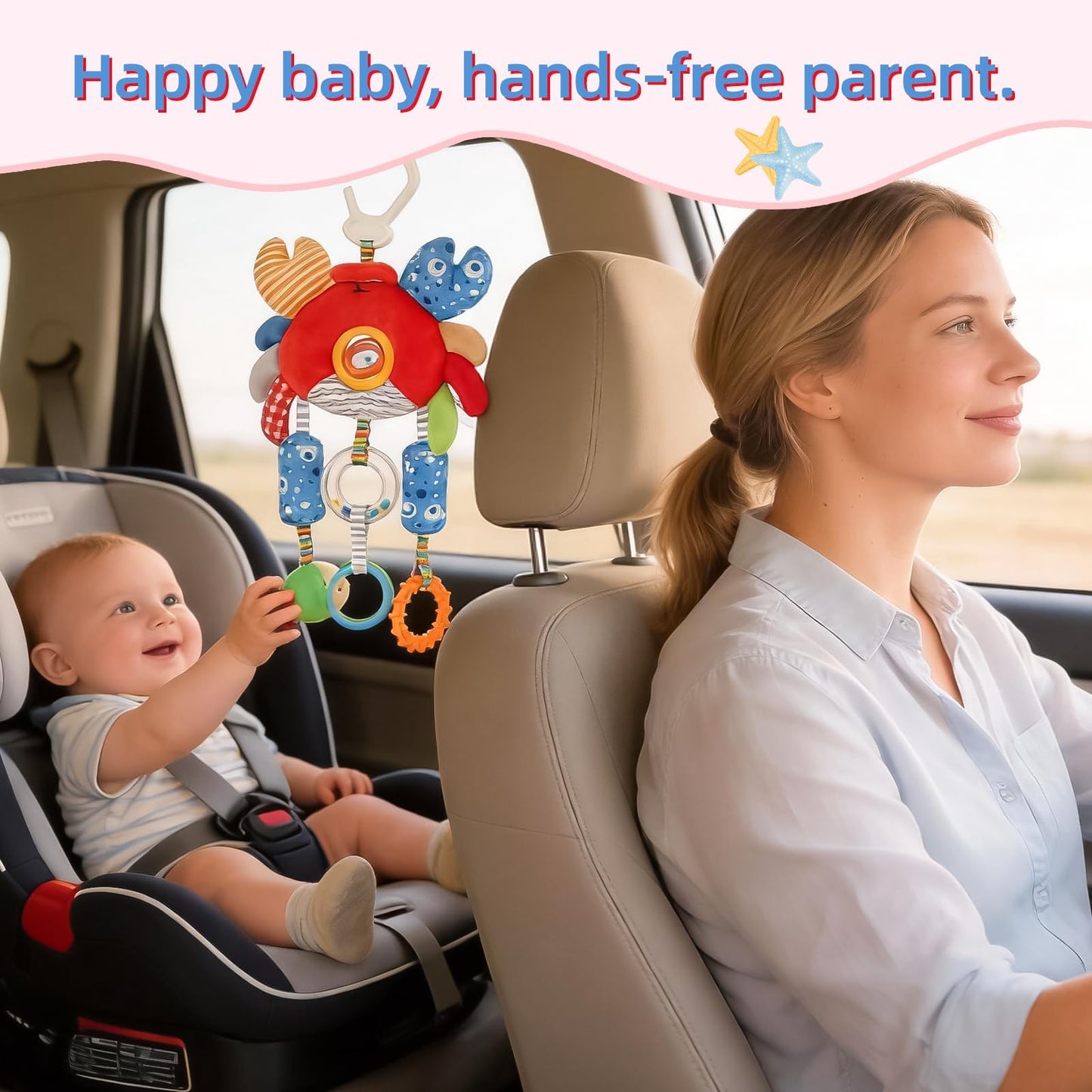 Baby Car Seat Toys with Clip- Travel Sensory Toys for 6 7 8 9 10 11 12 Months, Infant Roadtrip Soft Montessori Hanging Plush Toys Wind Chime, Teether, Rattle, Squeaky for Newborn Boy Girl Gifts