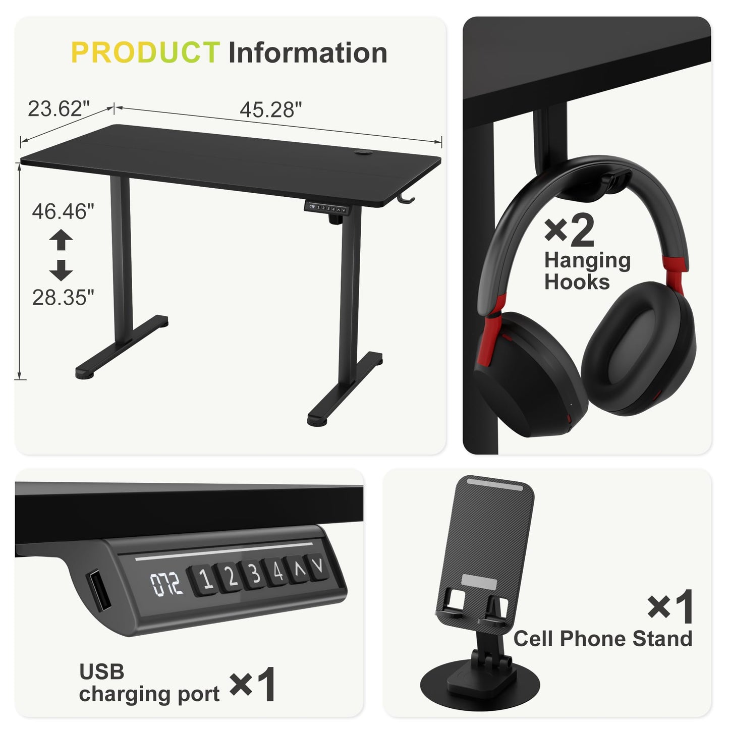 Furmax Electric Standing Desk, 45 x 24 Inches Sit Stand up Desk, Sit Stand Height Adjustable Home Office Desk with 4 Height Position Memory - with Splice Board (Black, 45)
