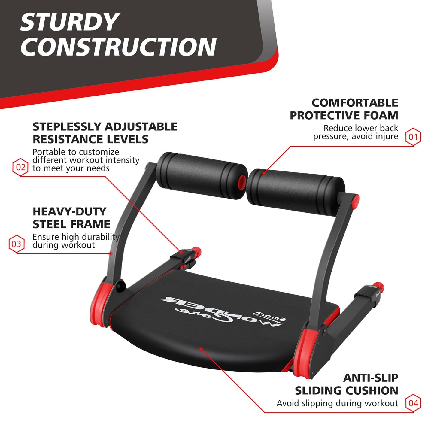 Wonder Core Smart - Ab Workout Equipment, Sit Up Machine & Exercise Equipment, Ab Crunch Machine for Stomach Workout, Ab Core Trainer Abdominal Machine, Fitness Equipment for Home Gym (Red)