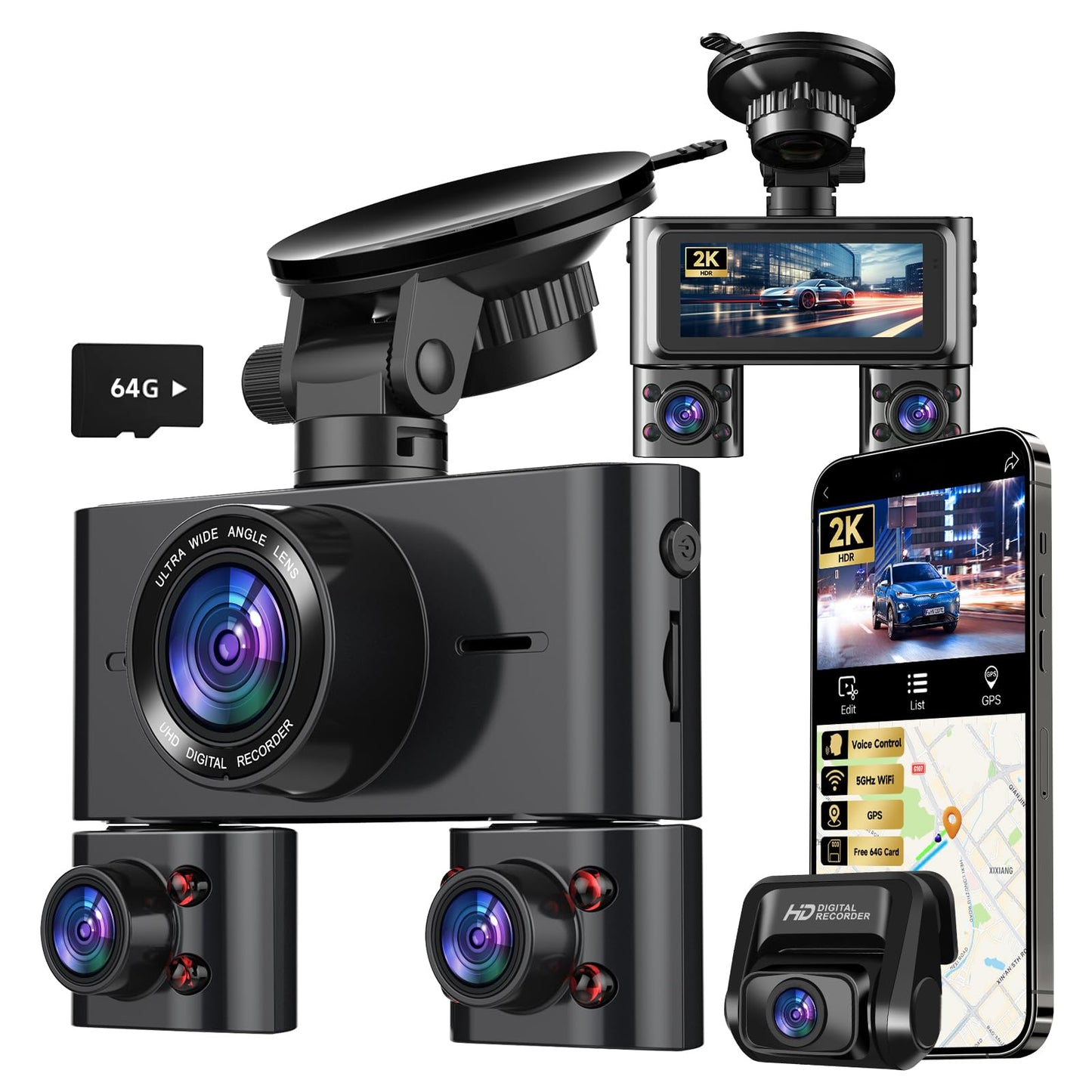 Dash Cam 360°, 4 Channel Camera for Cars Front and Rear Inside, 2K FHD Mini Dashcam, 5G WiFi, GPS, Free 64G Card, Voice Control, WDR, HDR, Night Vision, 24/7 Parking Mode(Upgraded Version V7PLUS)