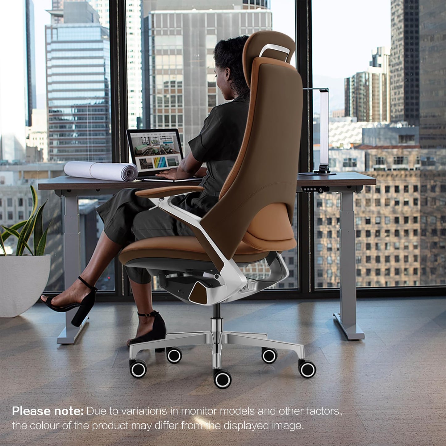 Genuine Leather Executive Office Chair, Ergonomic Comfortable Computer Chair, Adjustable seat Height/headrest Height, with tilt Lock, high-Back Home Office Desk Chair. (Caramel Brown/Dark Brown)