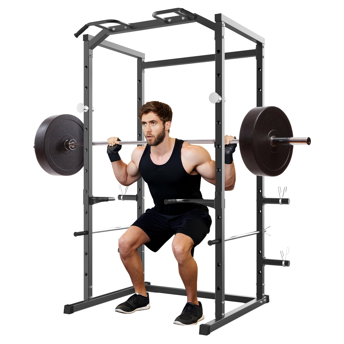 ExploreHorizon Heavy Duty Squat Rack Power Cage, Strength Training Power Cages for Home Gym, 1100 LB Capacity Power Rack with Pull-Up Bar, Dip Bars, Adjustable Safety Spotters, J-Hooks, Plate Storage