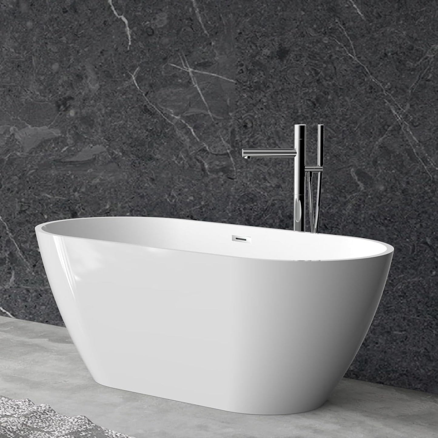Freestanding Bathtub 59 Inch, Oval Acrylic Stand Alone Tub with Chrome Drain, Modern White Soaking Tub for Bathroom Renovation, Ergonomic Design for Family or Guest Bathroom