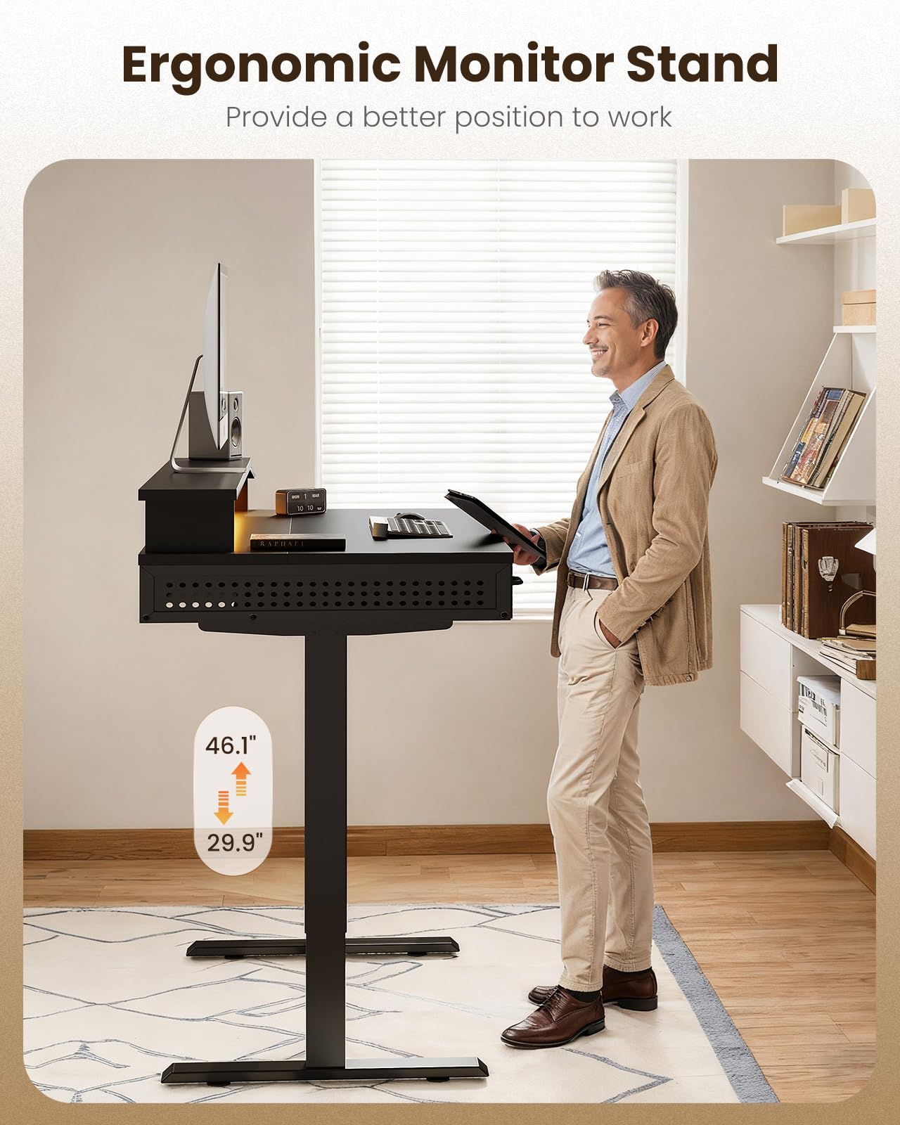 OffiGo Electric Standing Desk with 3 Wooden Drawers, 48 Inch Height Adjustable Desk with Power Outlets & LED Lights, Black Sit Stand Table with Monitor Stand for Home, Office, Workstation