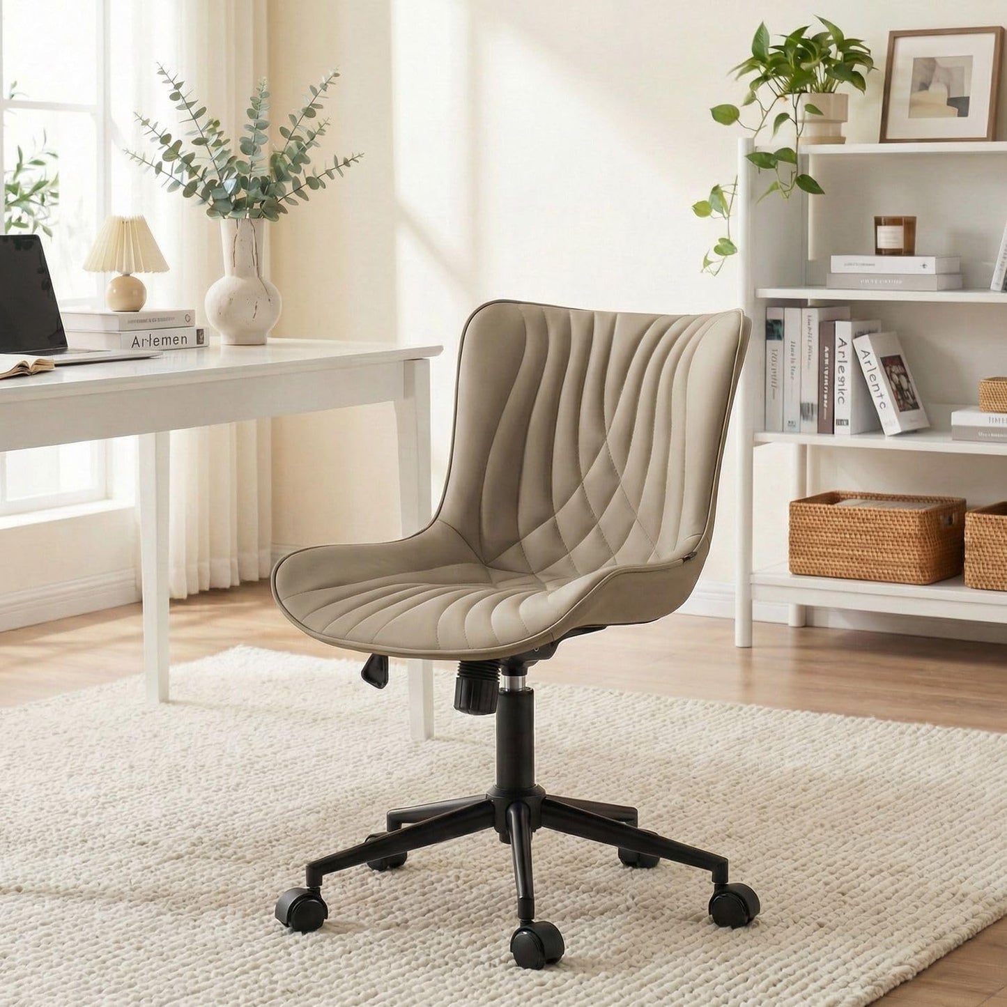 YOUNIKE Office Chair, Desk Chair with Wheels, Home Office Computer Task Chairs, Modern Faux Leather Padded Vanity Chair, Adjustable Swivel Armless Office Chairs with Back, Khaki
