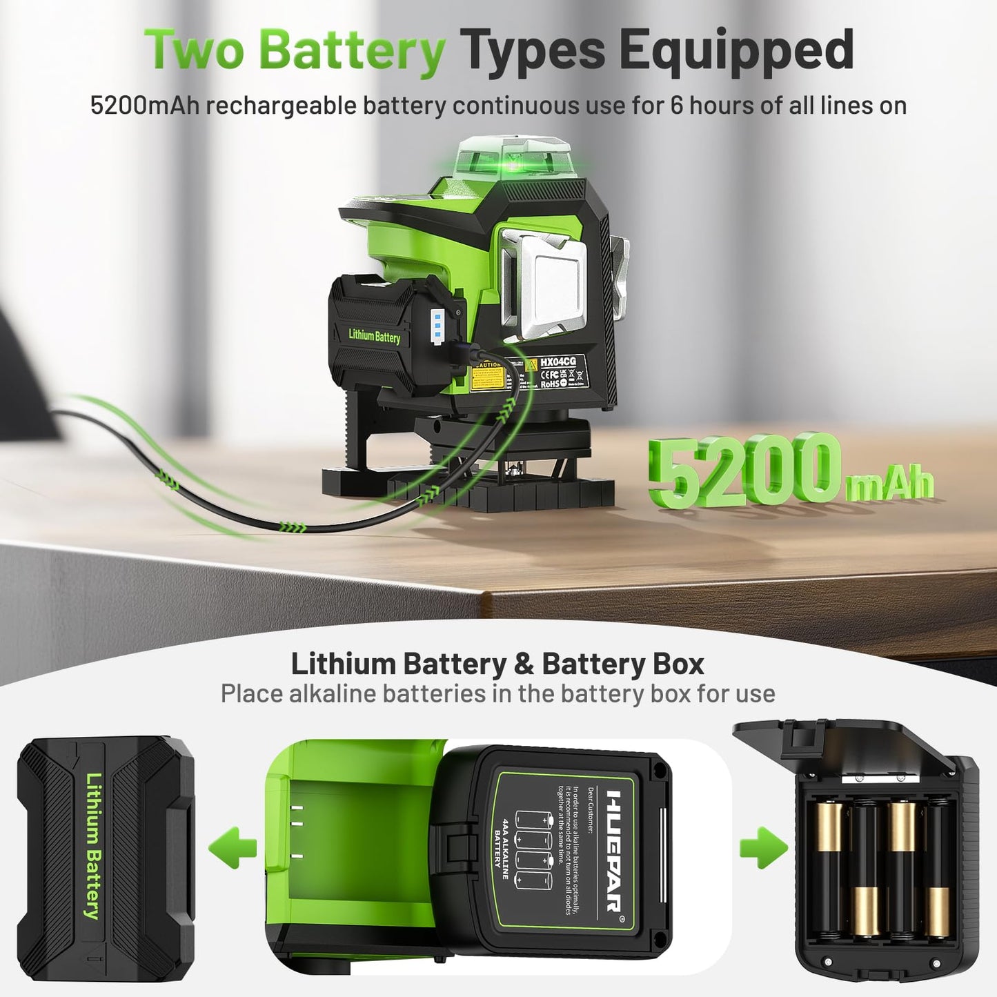 Huepar Laser Level 360 Self Leveling, 1/13 High Accuracy, 4D Green Laser Line Level with LCD Screen & Pulse Mode & Adjust Laser Brightness 4x360 Cross Line Laser -Magnetic Base, Hard Carry Case HX04CG