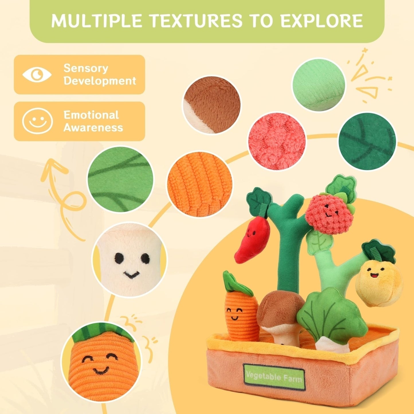 Baby Sensory Toys Plush Fruits and Vegetables, Plush Farm Developmental Toys 6-12 Months for Toddlers with Crinkle Rattle Squeaker Textures, 9 PCS Pull Out Fine Motor Skill Toddler Learning Toys