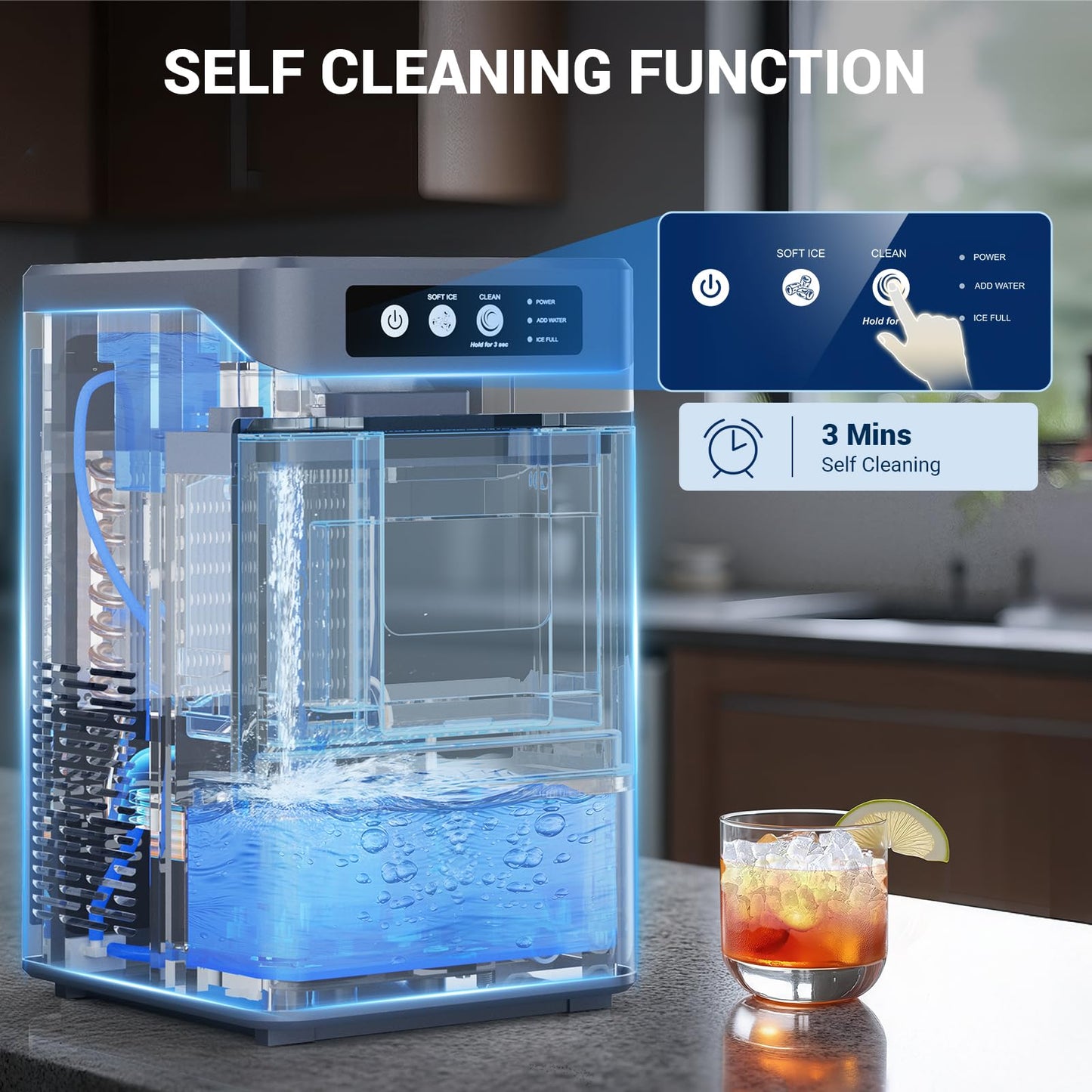 Nugget Ice Maker, 44Lbs/24H with 0.8 Gallon Tank, Soft Chewable Pellet Ice Ready in 5min Portable Ice Machine, Stainless Steels Ice Makers Countertop Self-Cleaning for Kitchens/Home/Office/Bar
