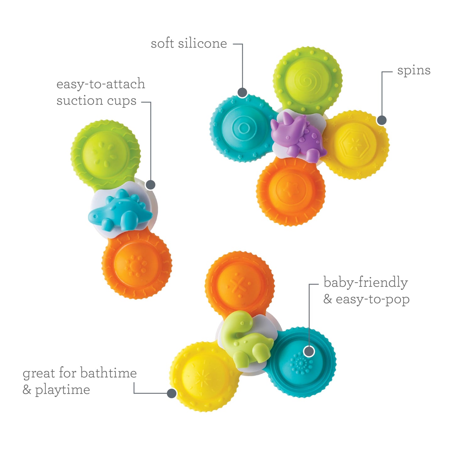 Infantino Silicone Bath Pop Spinners - Sensory Dinosaur Toys with Suction Cups, Engaging Bath Time Fun for Toddlers, 3-Piece