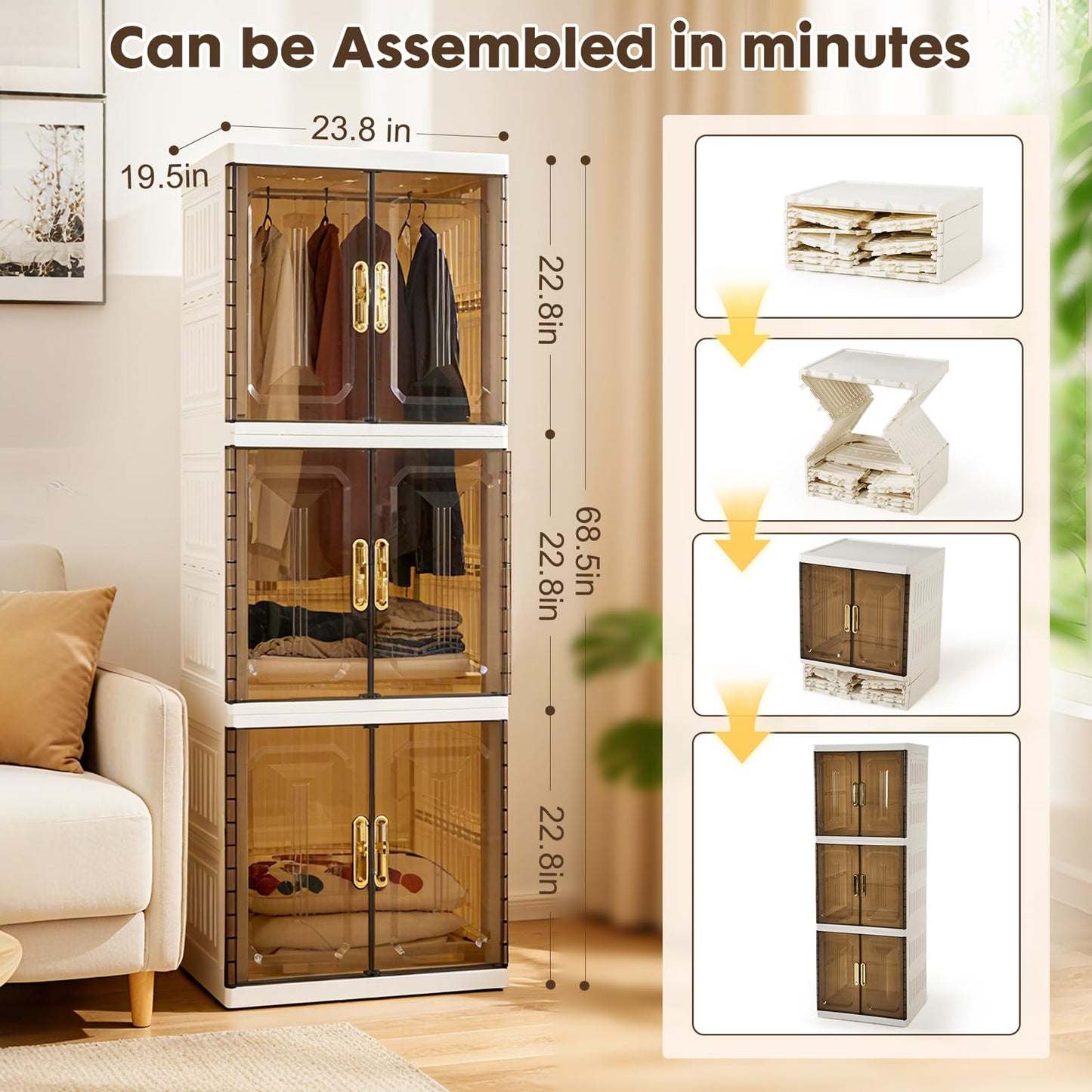 YHB Portable Closet Storage Cabinet, Pet Collapsible Clothes Organizers, White, Collapsible Wardrobe with Visualization Doors, Rolling Wheels for Hanging Long Skirts, Dresses, Suits, etc