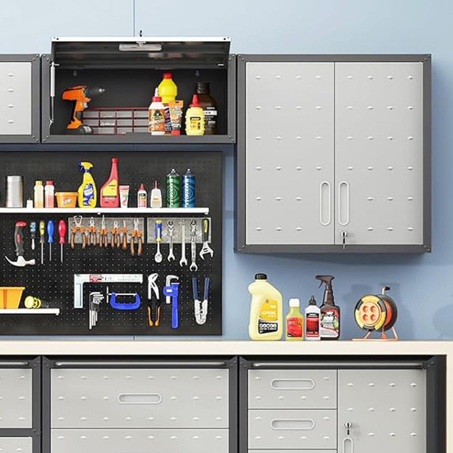EKJ Metal Garage Wall Cabinet with Lock, Wall Mounted Metal Storage Cabinets with Doors and Shelf, Lockable Floating Tool Storage for Garage Basement Utility Room