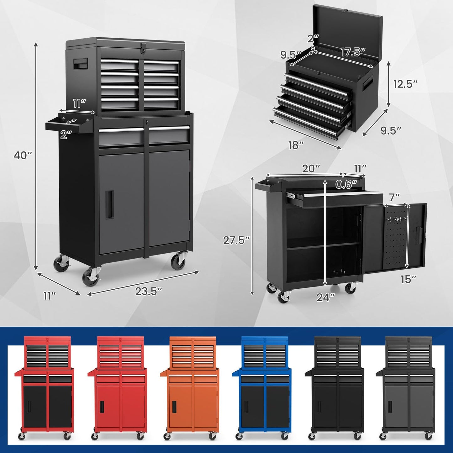 Goplus Rolling Tool Chest, 5-Drawer Tool Box Organizer w/Lockable Wheels & Sliding Drawers & Detachable Top & Adjustable Shelf, Tool Storage Cabinet for Garage Workshop(Gray)