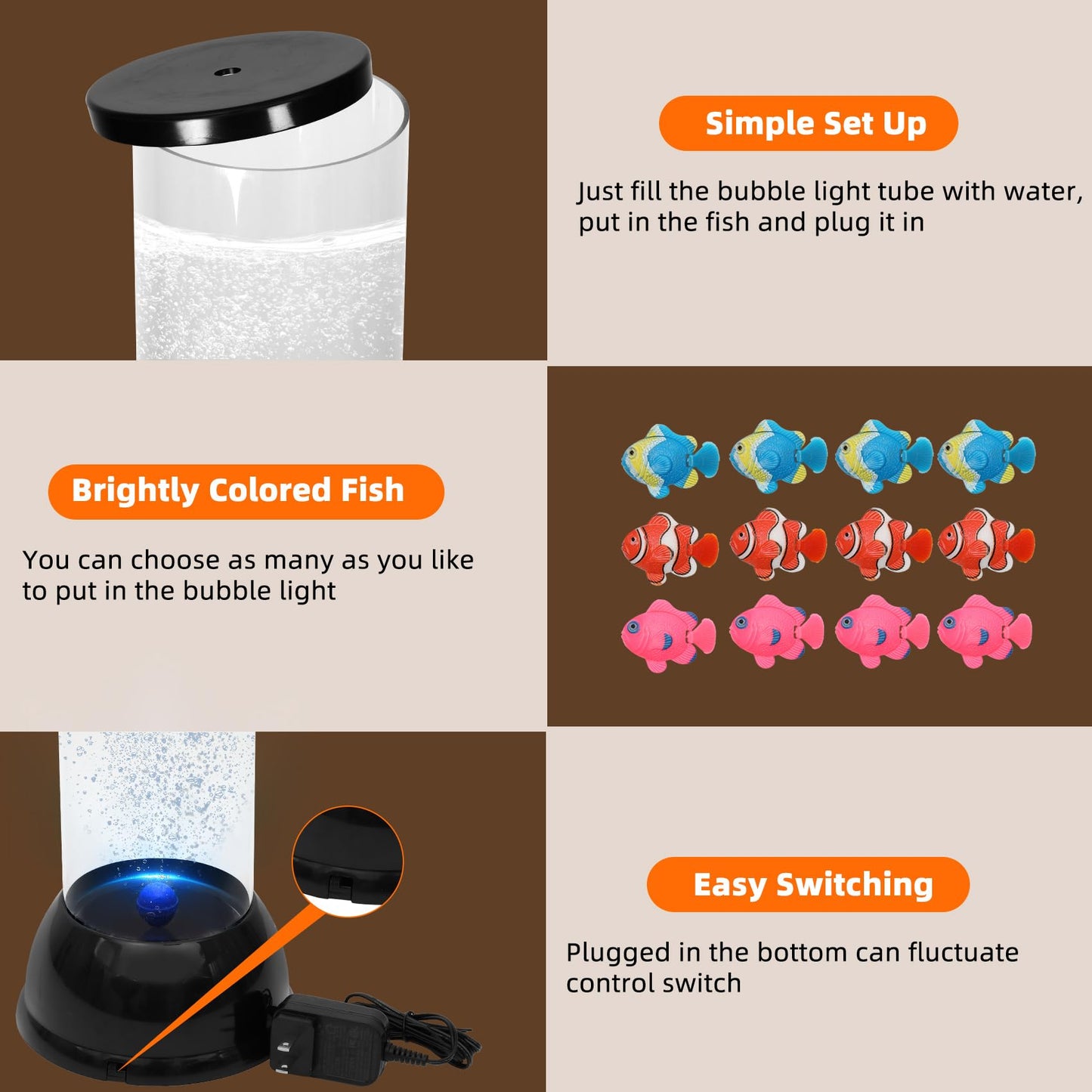 4FT Sensory LED Water Bubble Tube Lamp with 12 Fish and Color Changing Light Effects, Sensory Bubble Tube Lamp for Autistic ADHD Children Alleviating Stress and Anxiety in Adults
