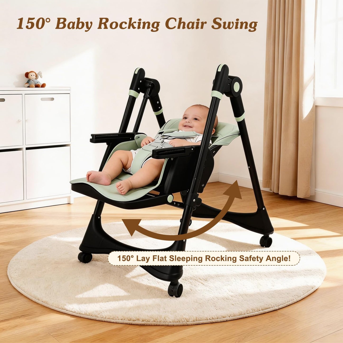 3-in-1 Baby High Chair with Soothing Rocker | Convertible Baby High Chair for Babies and Toddlers | Brake Wheels, Easy Clean, Space Saving | Adjustable, Removable Tray (Black Green)