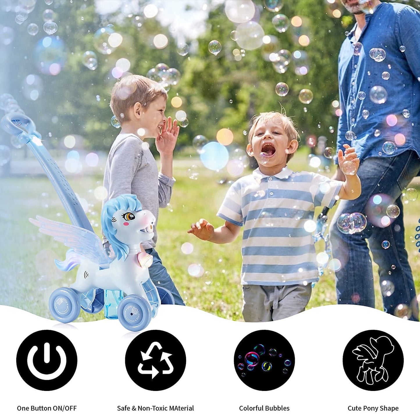 Bubble Machine Blower Blaster Lawn Mower Maker Blue Toy Fun Portable Handheld Operate Automatic Battery Electric Outdoor Summer Birthday Best Gift Light for Toddler Boy Girl Kid 1 2 3+ Year Old