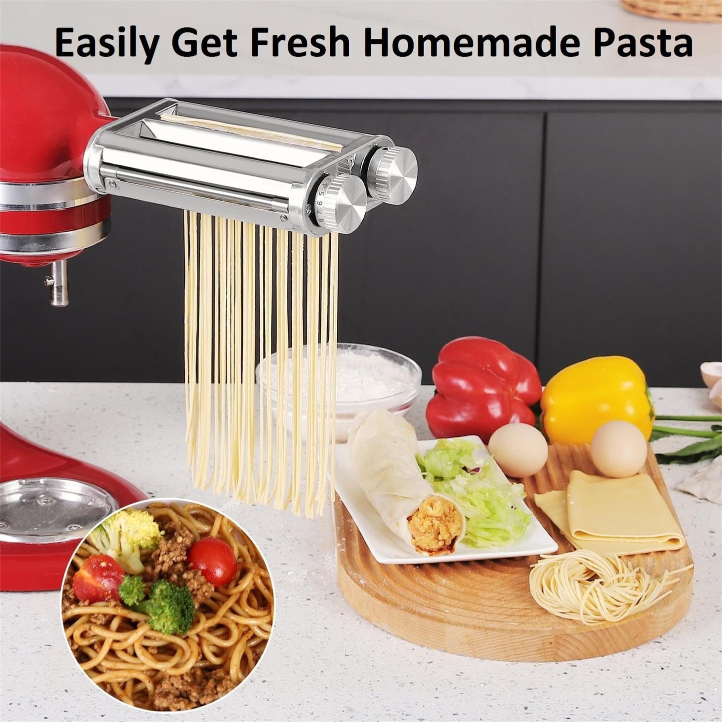 FavorKit Pasta Maker Attachment 3 in 1 Set for KitchenAid Mixers Plus Hub Knob Screw Accessory Included Dough Sheet Roller, Spaghetti & Fettuccine Cutters and Cleaning Brush