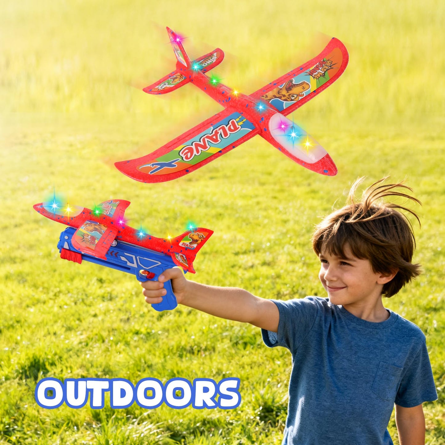 Foam Airplane Launcher Toy | 2-Count Foam Glider Planes for Kids | Kids Airplane Toy with LED Lights | Two Flying Modes - Horizontal & Rotating | Outdoor Toys for Boys & Girls Gift Ages 2+ Years Old