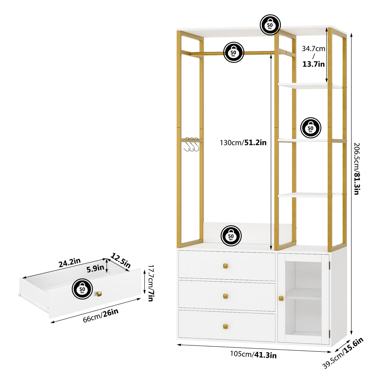 BOTLOG Closet System Organizer, 81.3” H Wardrobe Closet with 3 Wooden Drawers, Clothes Rack with Hanging Rods, 4 Tiers Shelves, Metal Frame, White and Gold