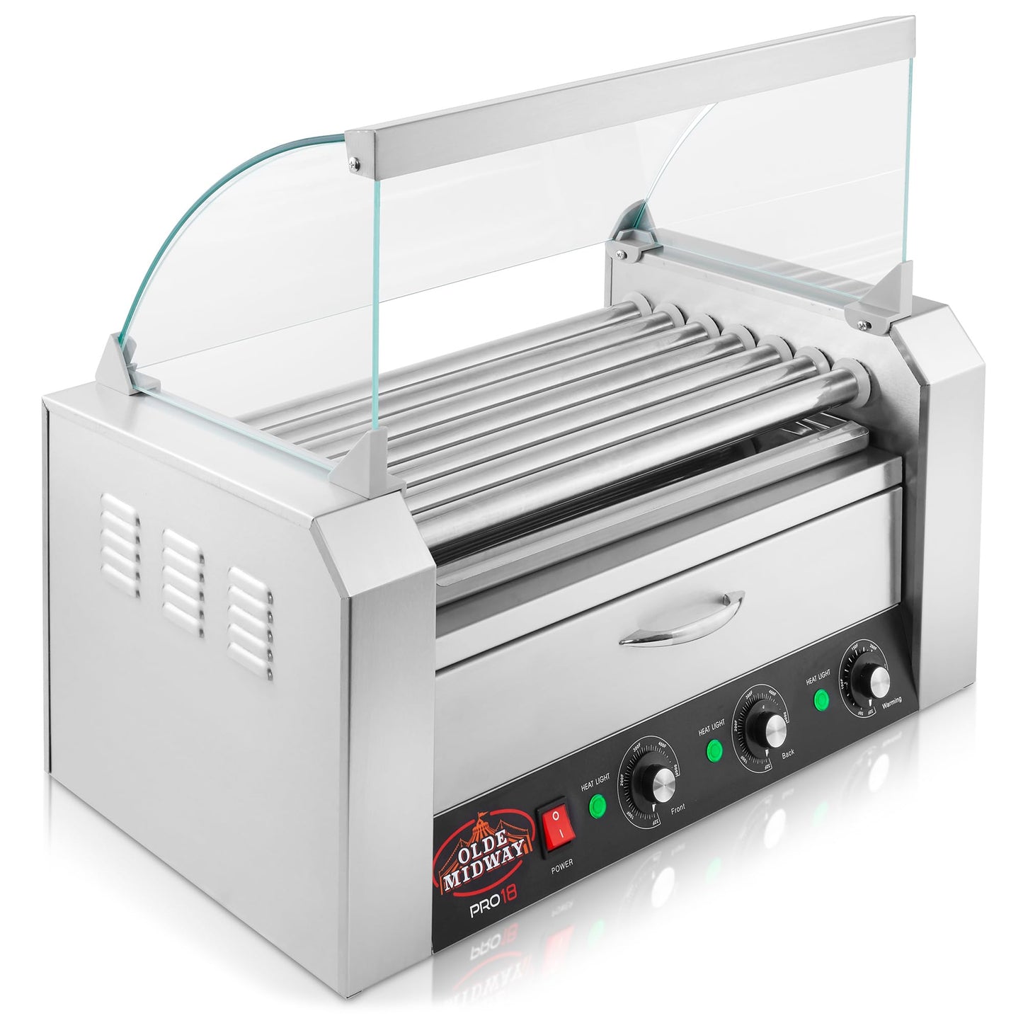 Olde Midway Electric 18 Hot Dog 7 Roller Grill Cooker Machine with Bun Warming Drawer and Cover - Commercial Grade, Stainless Steel