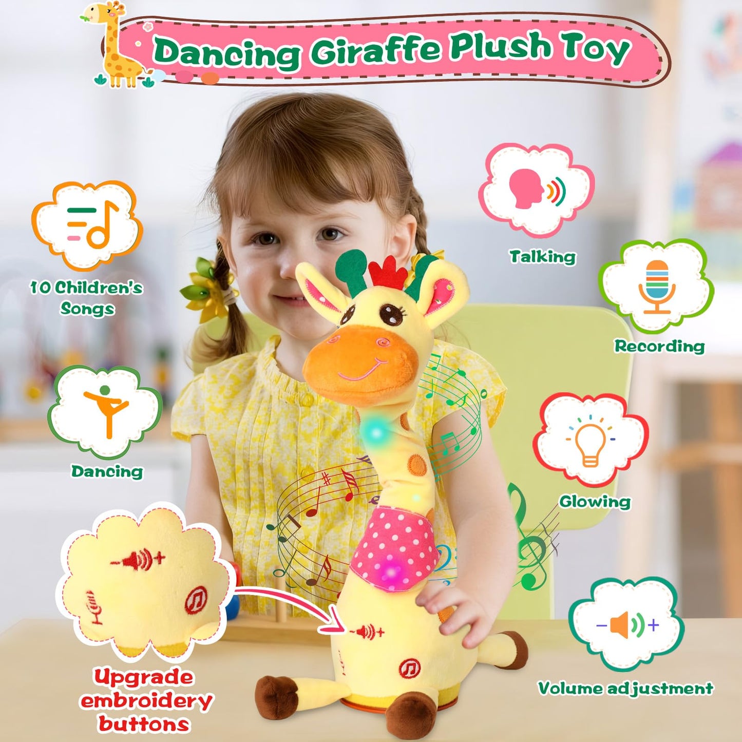 MIAODAM Dancing Giraffe Toy Stuffed Plush, Musical Baby Toys Singing 10 Children's Song Repeats What You Say, Cute Interactive Talking Giraffe Gift for Baby and Kids 1-3 Years Old