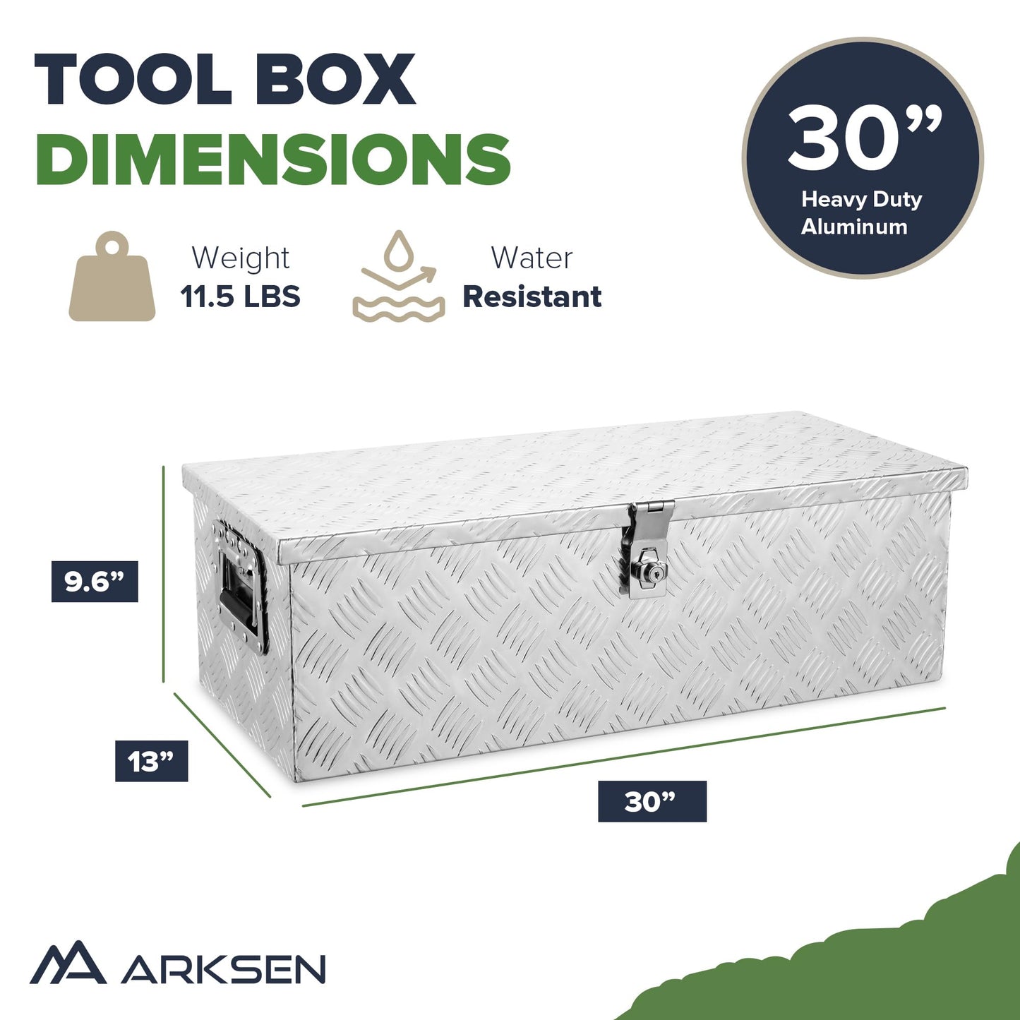 ARKSEN 30 Inch Heavy Duty Aluminum Trailer Tool Box Chest Box Pickup Truck Bed Storage Toolbox for RV, Truck, & Trailer with Side Handle, Lock and 2 Keys - Silver