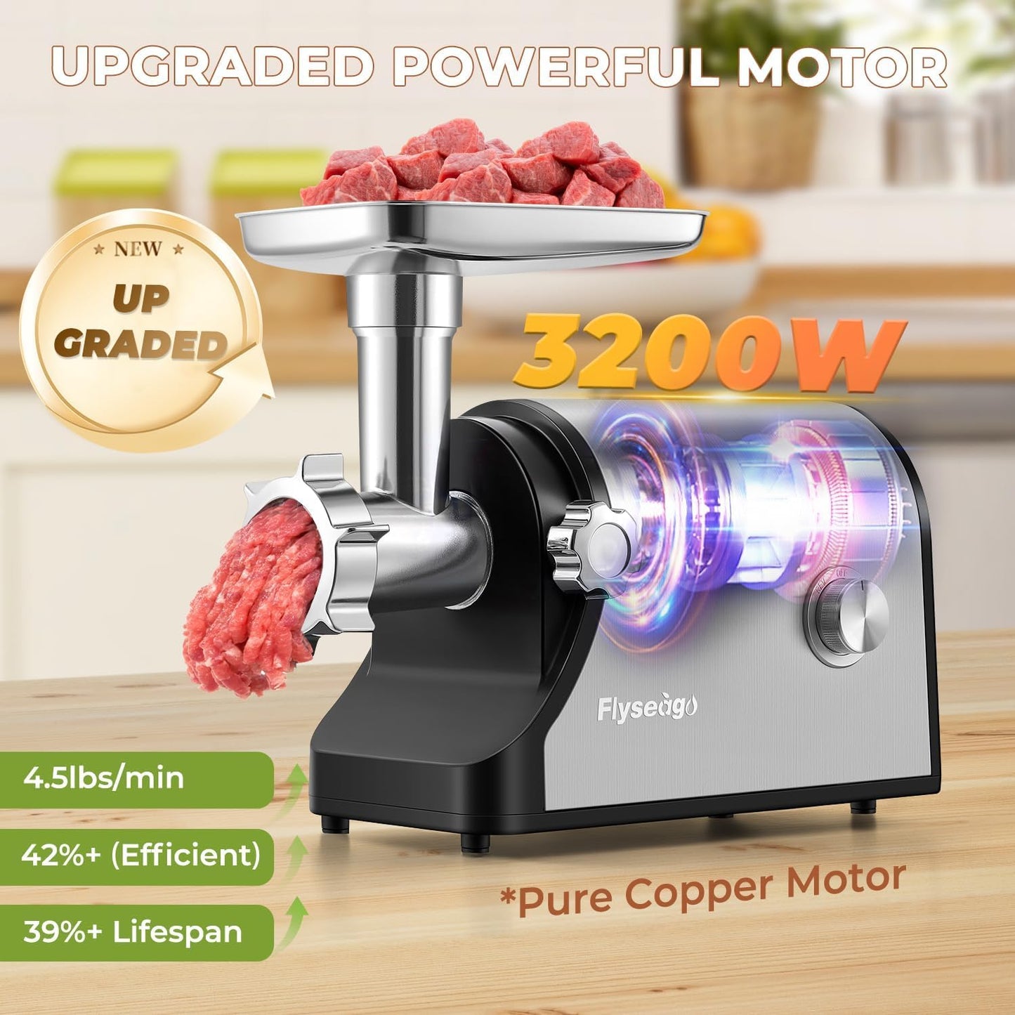 Flyseago Multifunctional 3200W Electric Meat Grinder Heavy Duty Commercial Meat Grinders, Veggie Shredder, Ice Cutter with 2 Blades, 3 Grinding Plates, 3 Sausage Tubes, Meat Grinder for Home Use