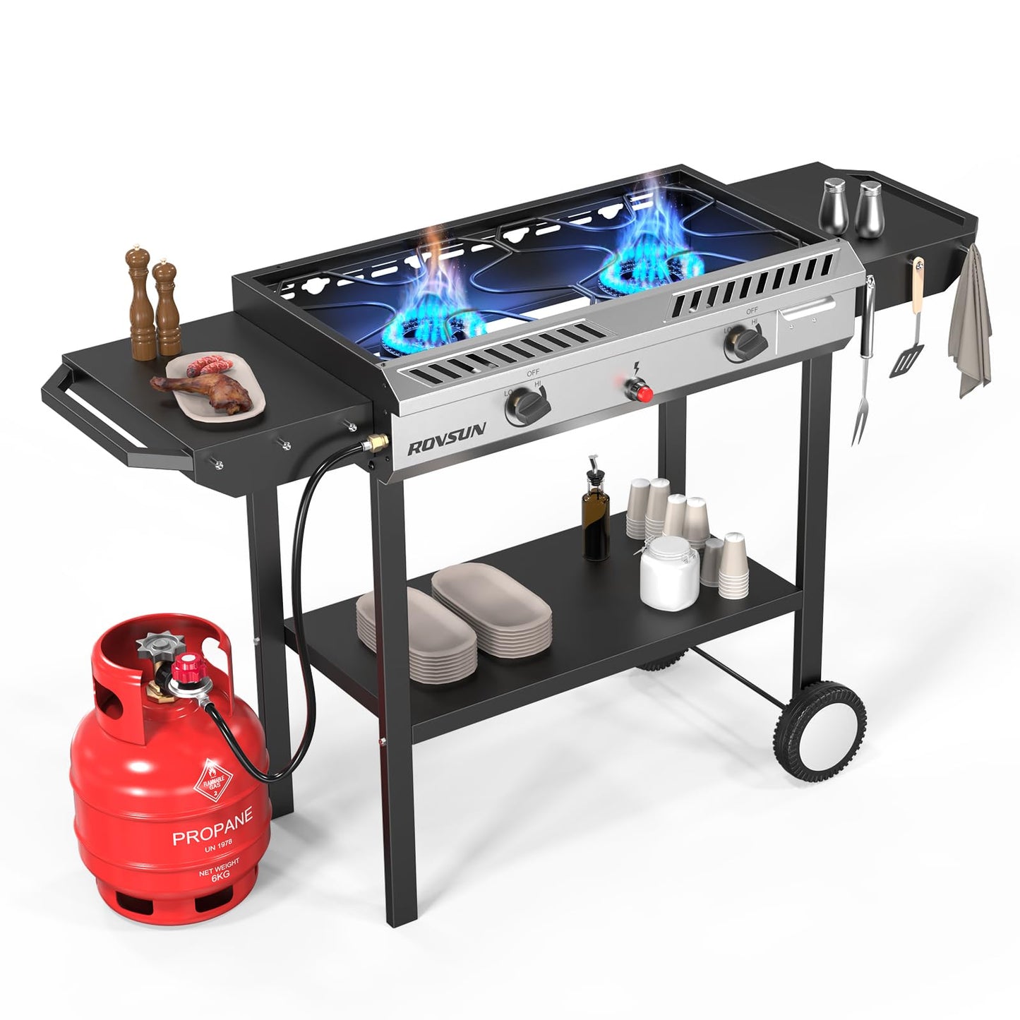 ROVSUN 2 Burner Outdoor Propane Gas Stove with Auto-ignition, Regulator & Side Shelves, 150,000 BTU Powerful Stand Cooker for Backyard Patio Cooking Home Brewing Canning Turkey Frying